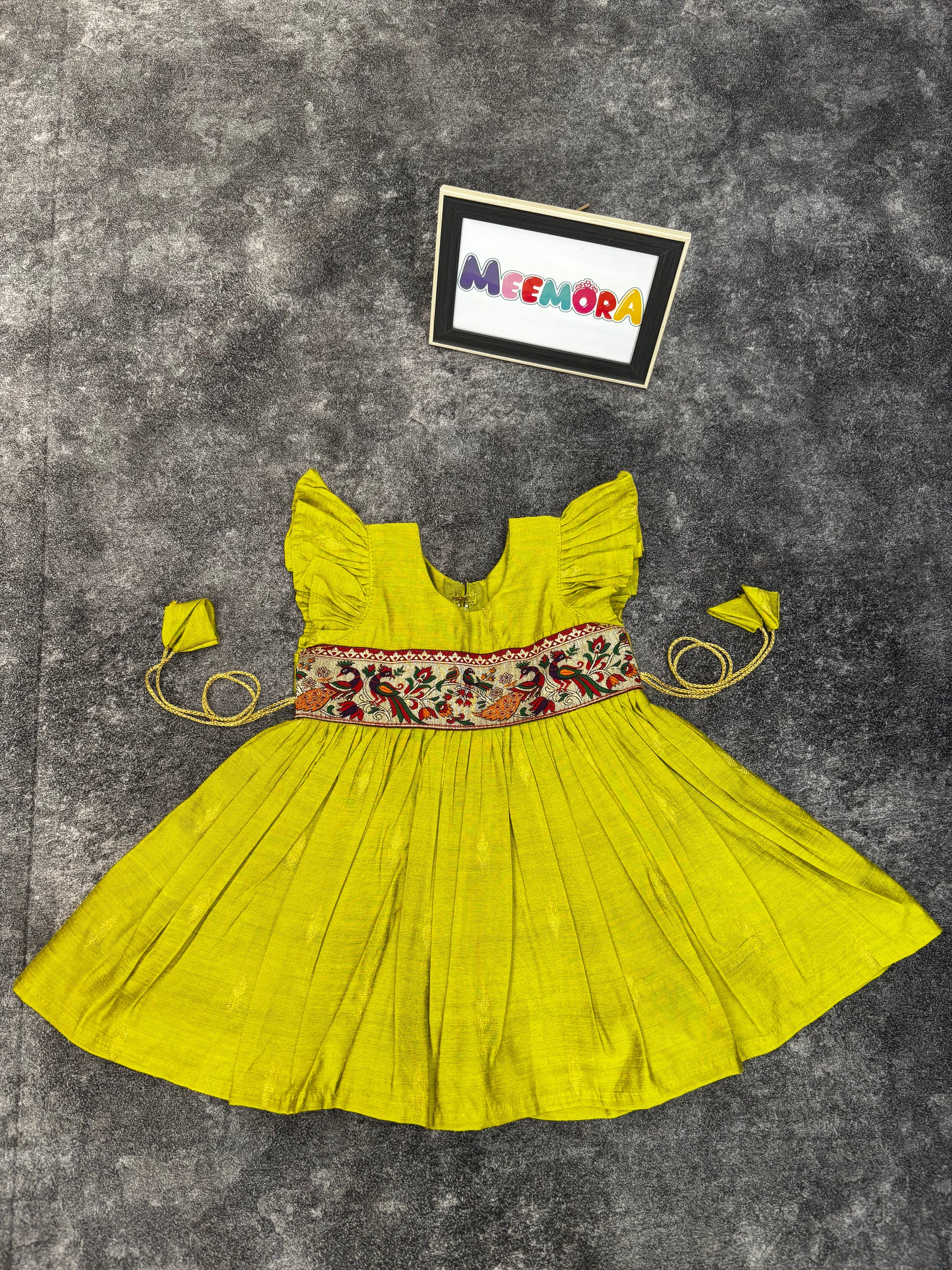 Lime Raw Silk Paithani Frill Frock