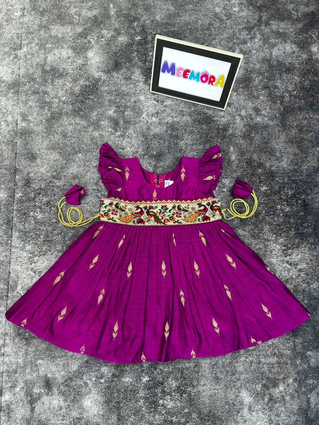 Wine Raw Silk Paithani Frill Frock