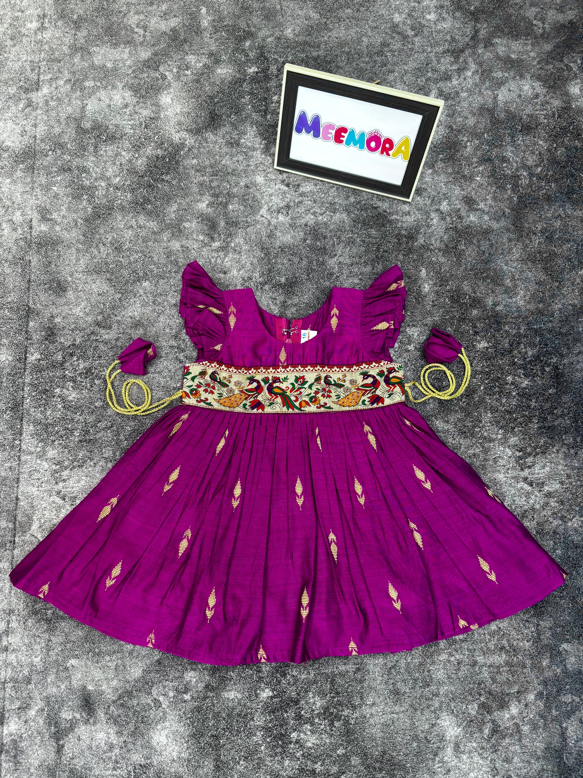 Wine Raw Silk Paithani Frill Frock