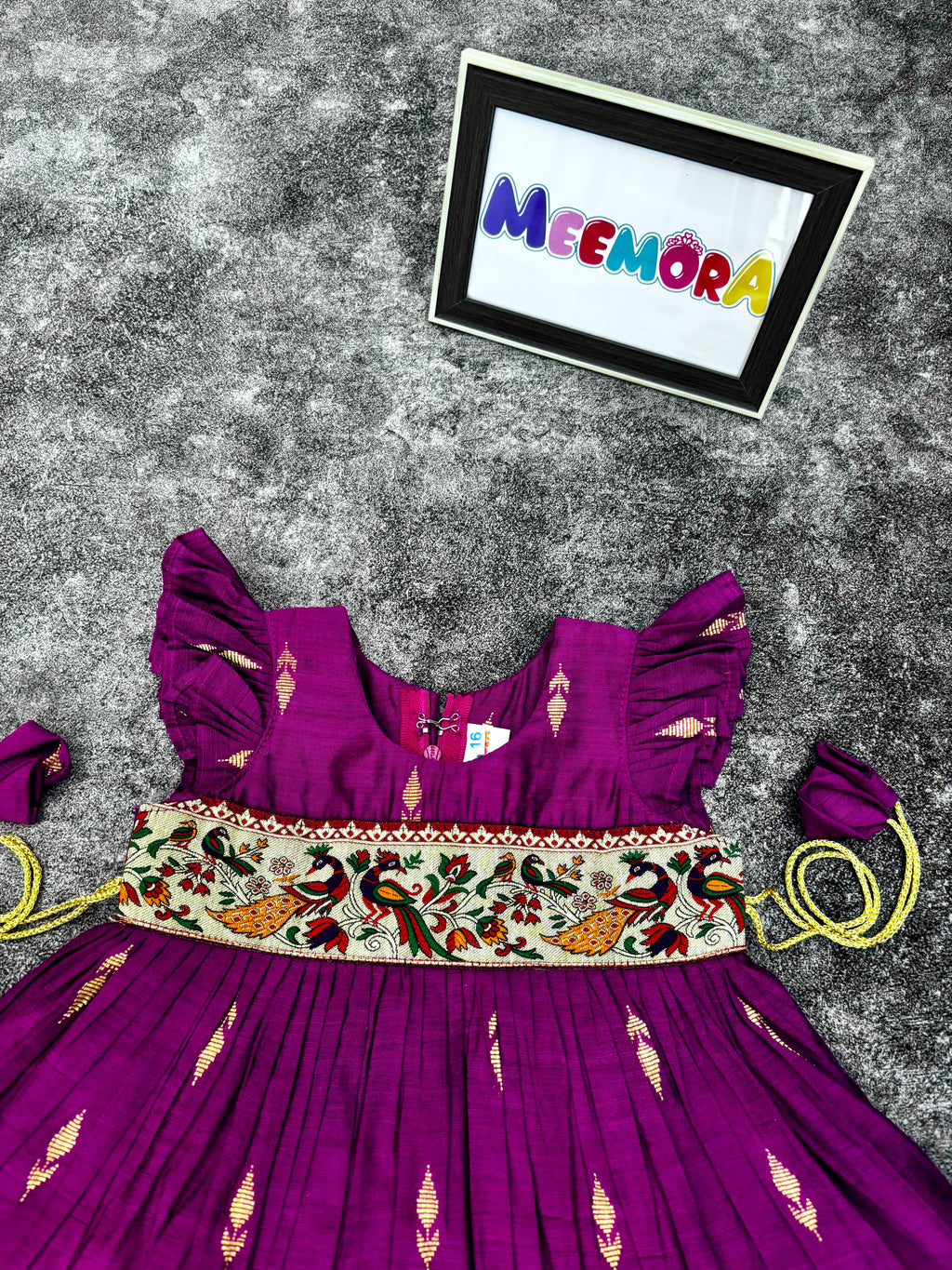 Wine Raw Silk Paithani Frill Frock