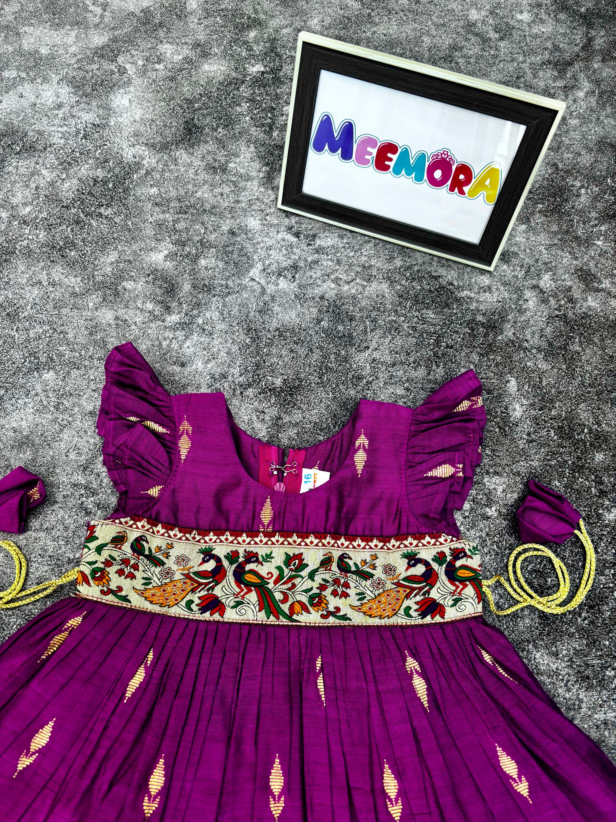 Wine Raw Silk Paithani Frill Frock