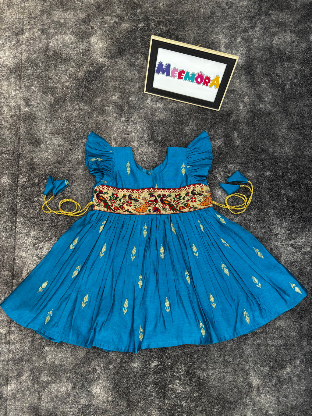 Firozi Raw Silk Paithani Frill Frock