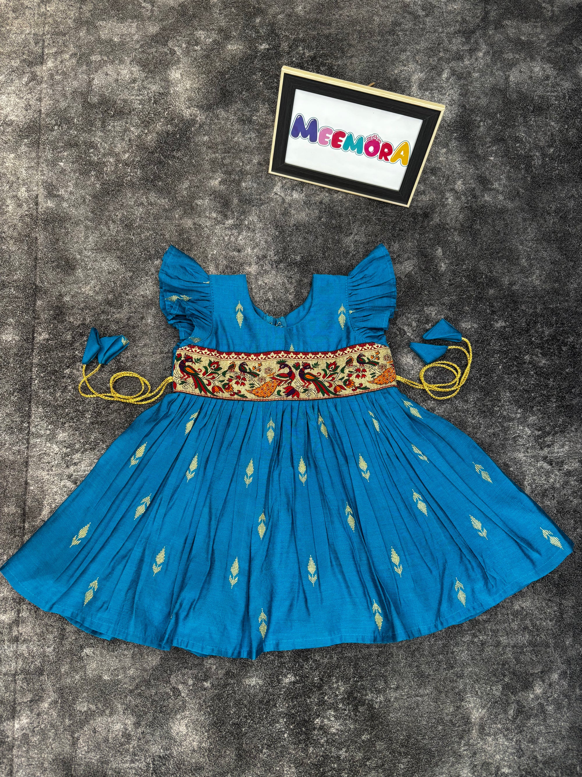 Firozi Raw Silk Paithani Frill Frock