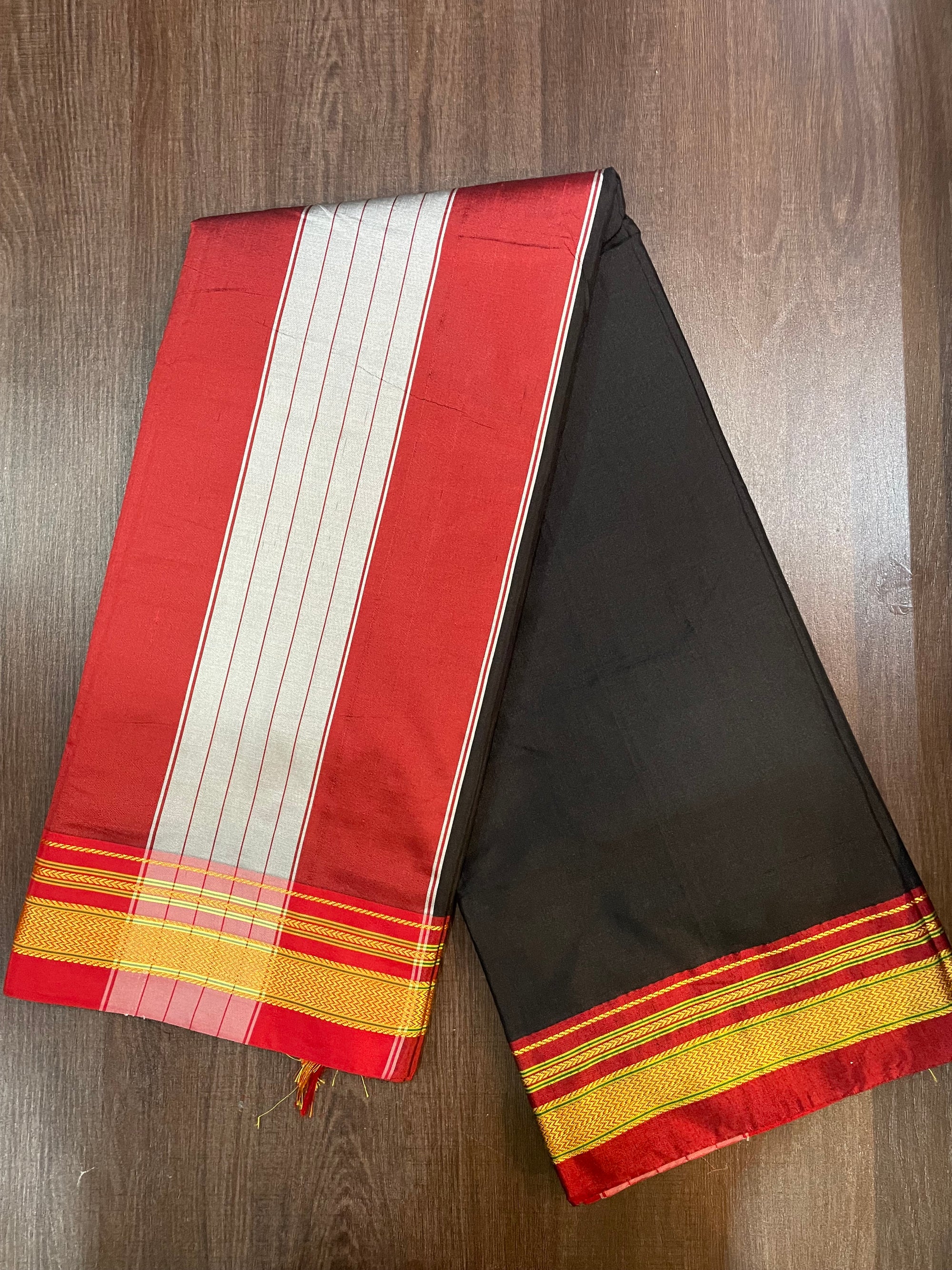 Black Golden Marron Border Cotton Silk Saree & Frock combo