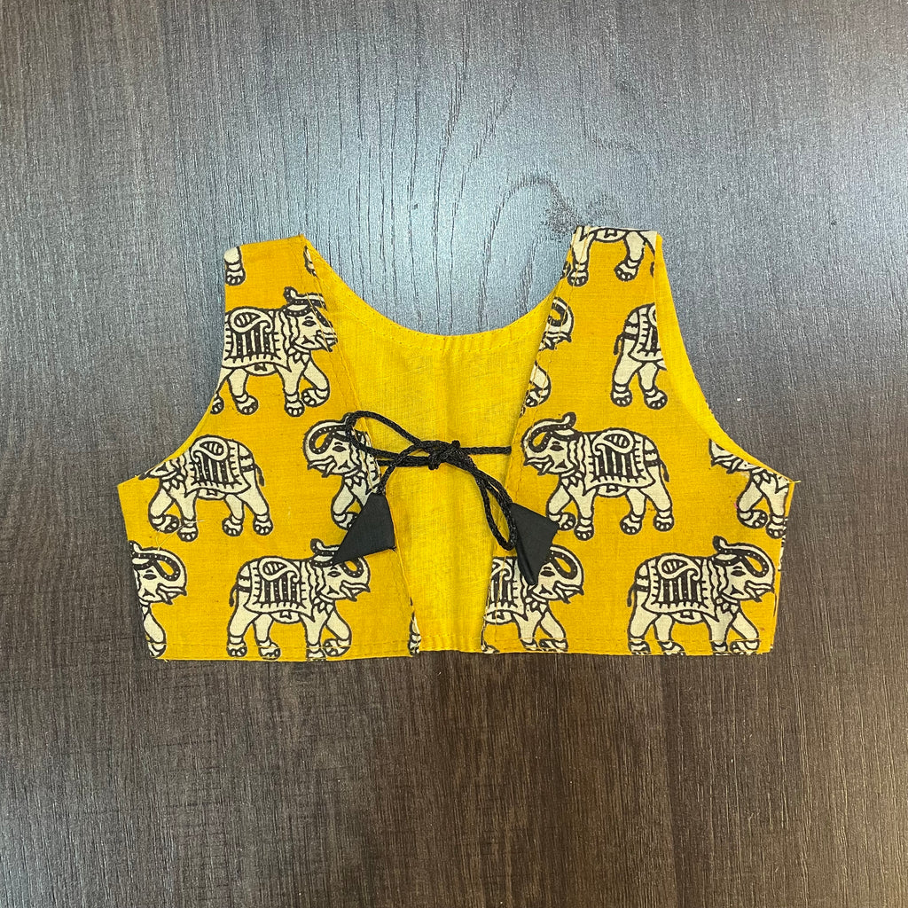 Yellow elephant kalamkari cotton jacket for girls - front view