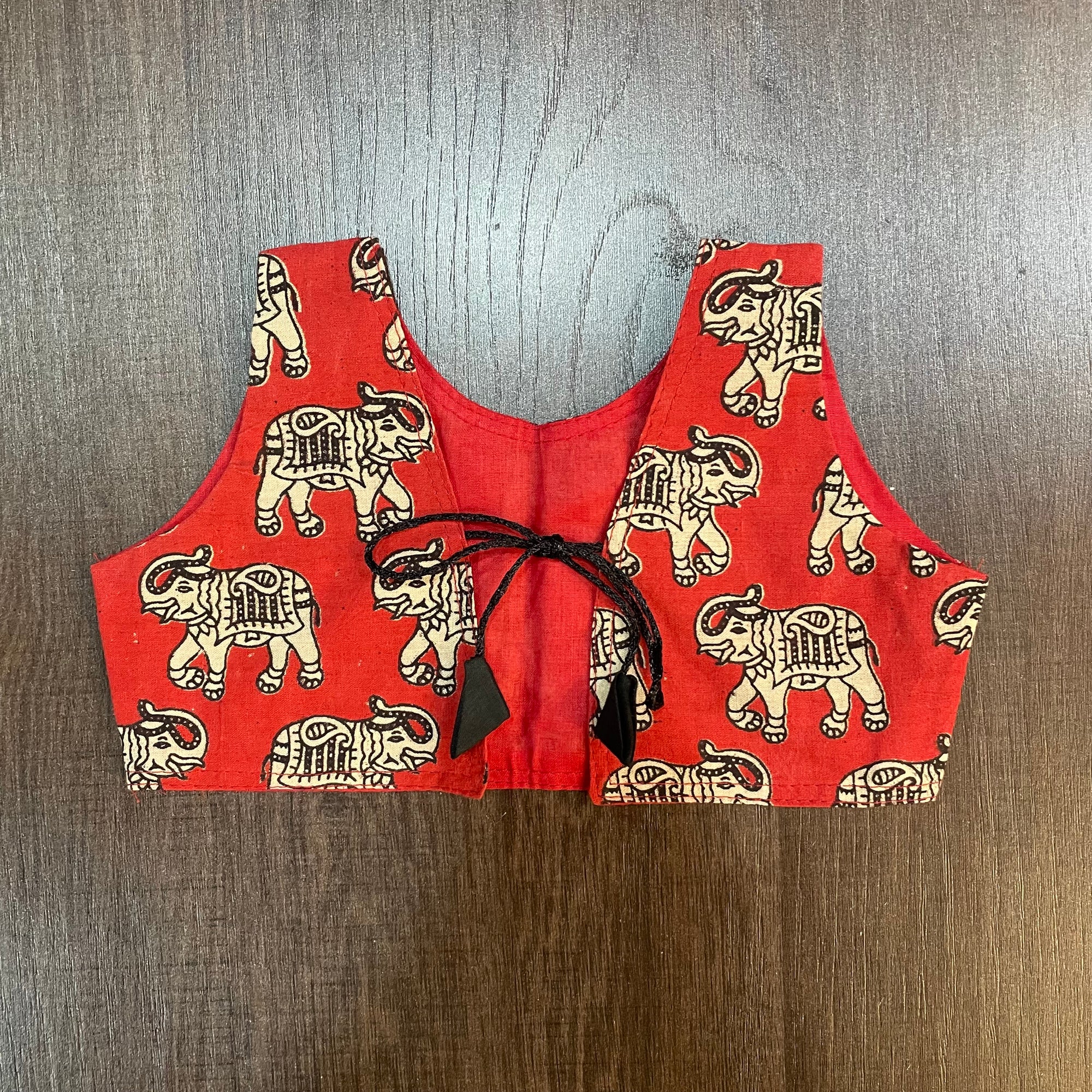 Red elephant kalamkari cotton jacket for girls - front view