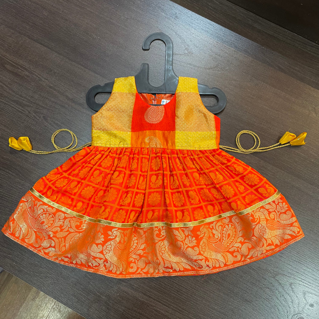 Orange Yellow sleevless checks Peacock Silk Frock Dress