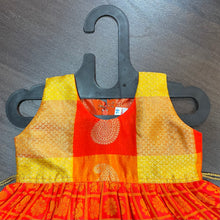 Load image into Gallery viewer, Orange Yellow sleevless checks Peacock Silk Frock Dress
