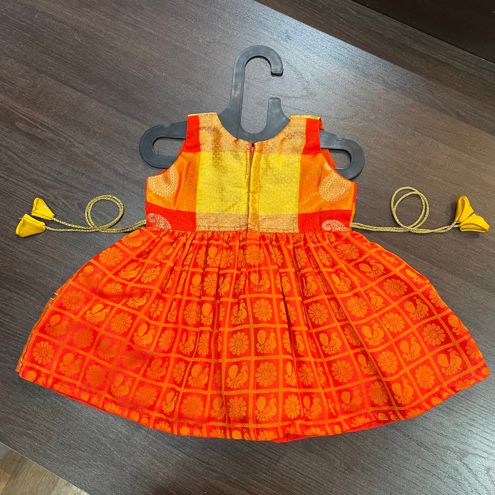 Orange Yellow sleevless checks Peacock Silk Frock Dress