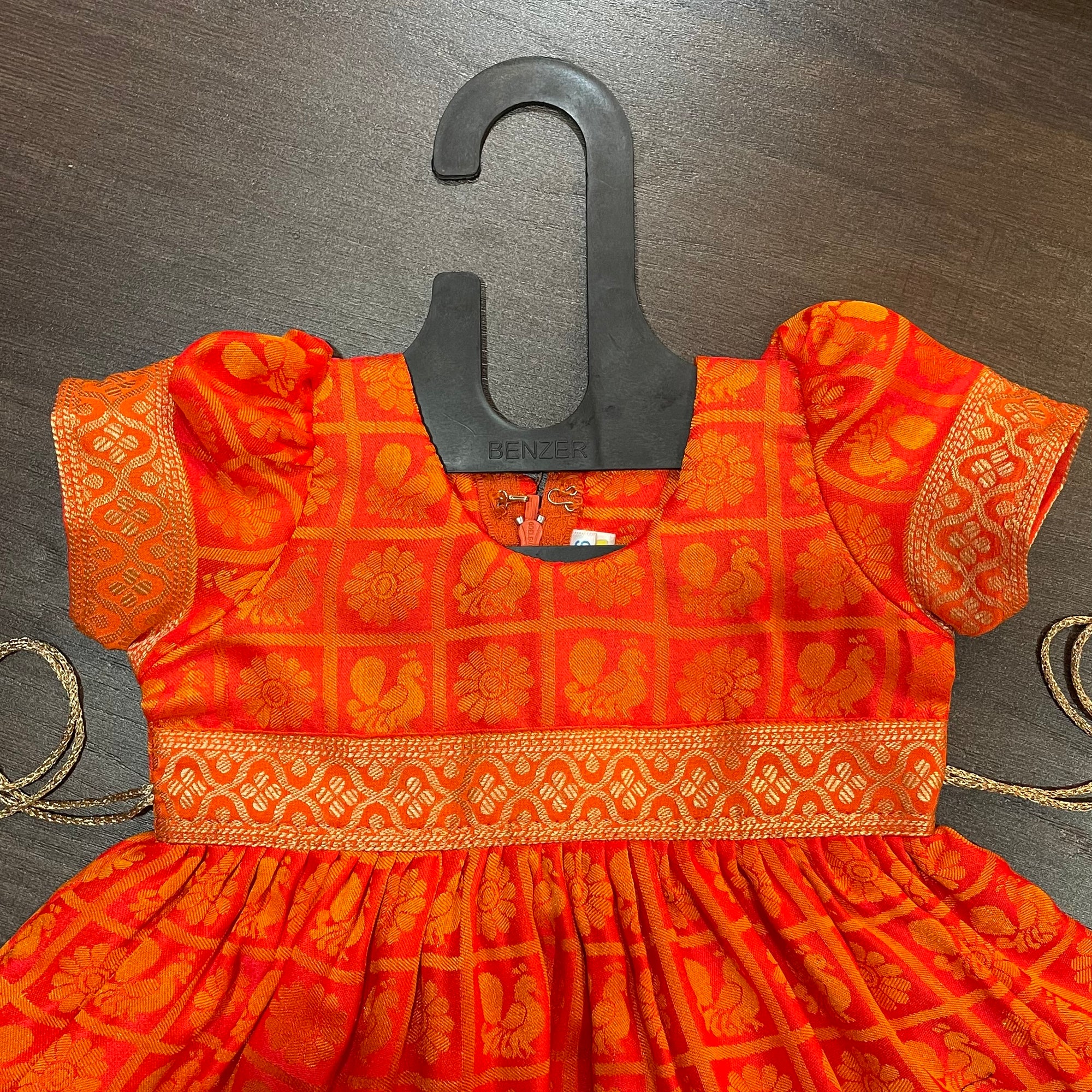 Orange Ballon Sleeves checks Peacock Silk Frock Dress
