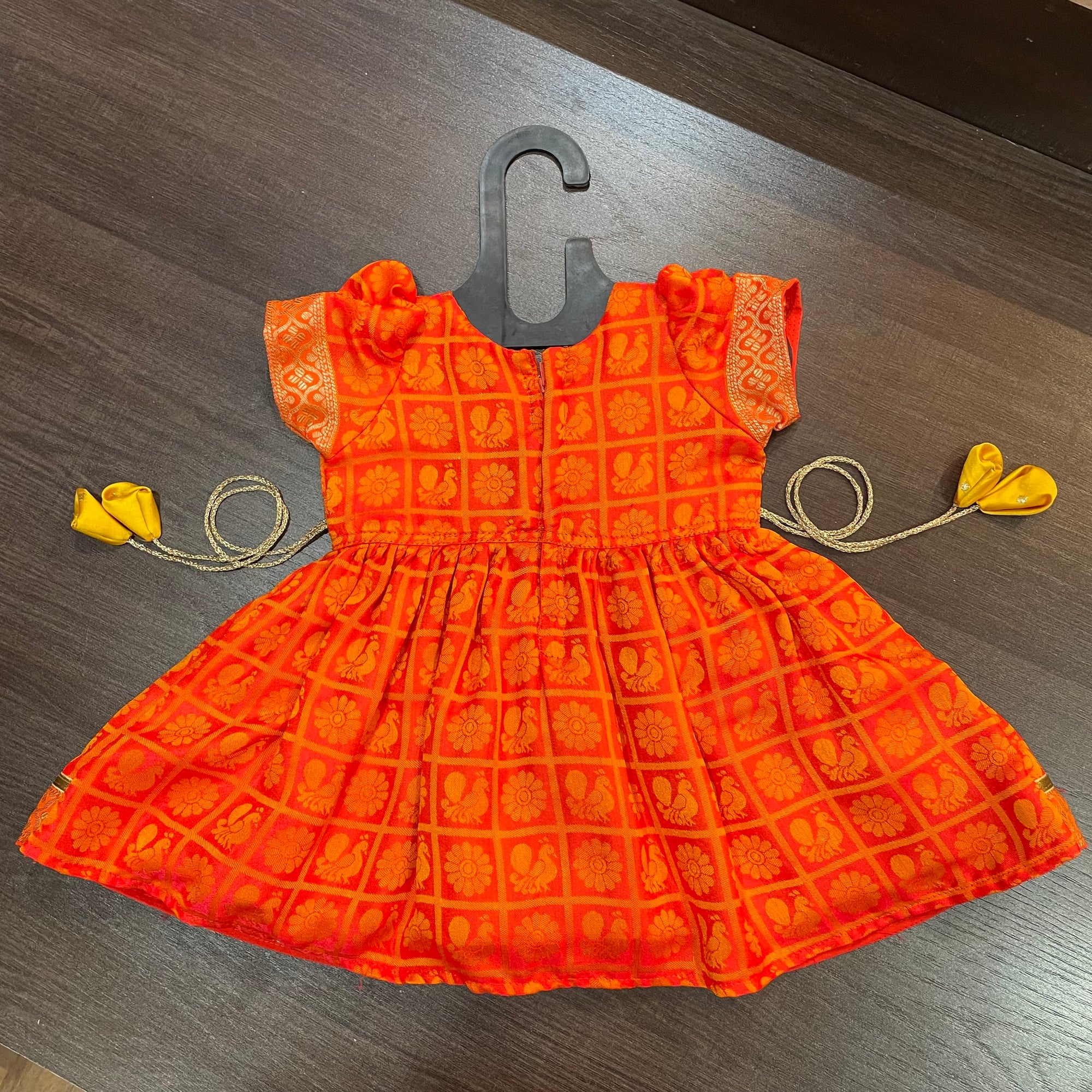 Orange Ballon Sleeves checks Peacock Silk Frock Dress