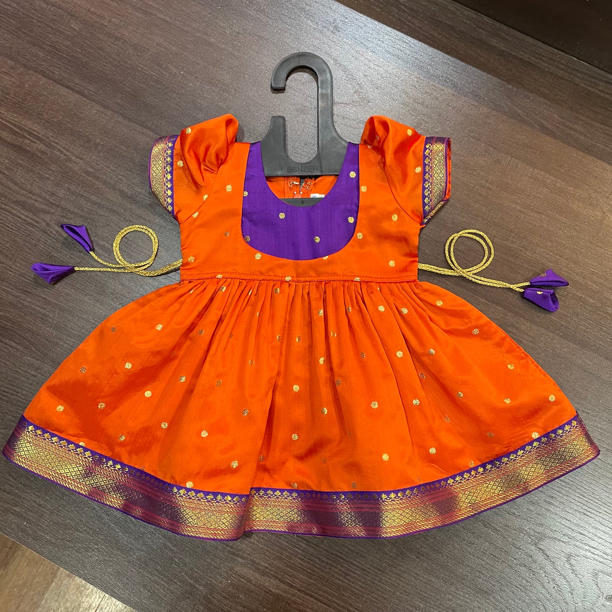 Orange Purple Yoke Puffed sleevs Silk Frock Dress