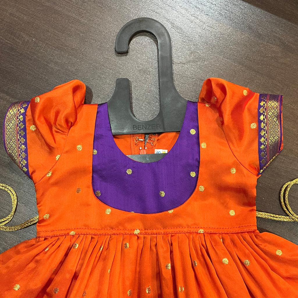 Orange Purple Yoke Puffed sleevs Silk Frock Dress