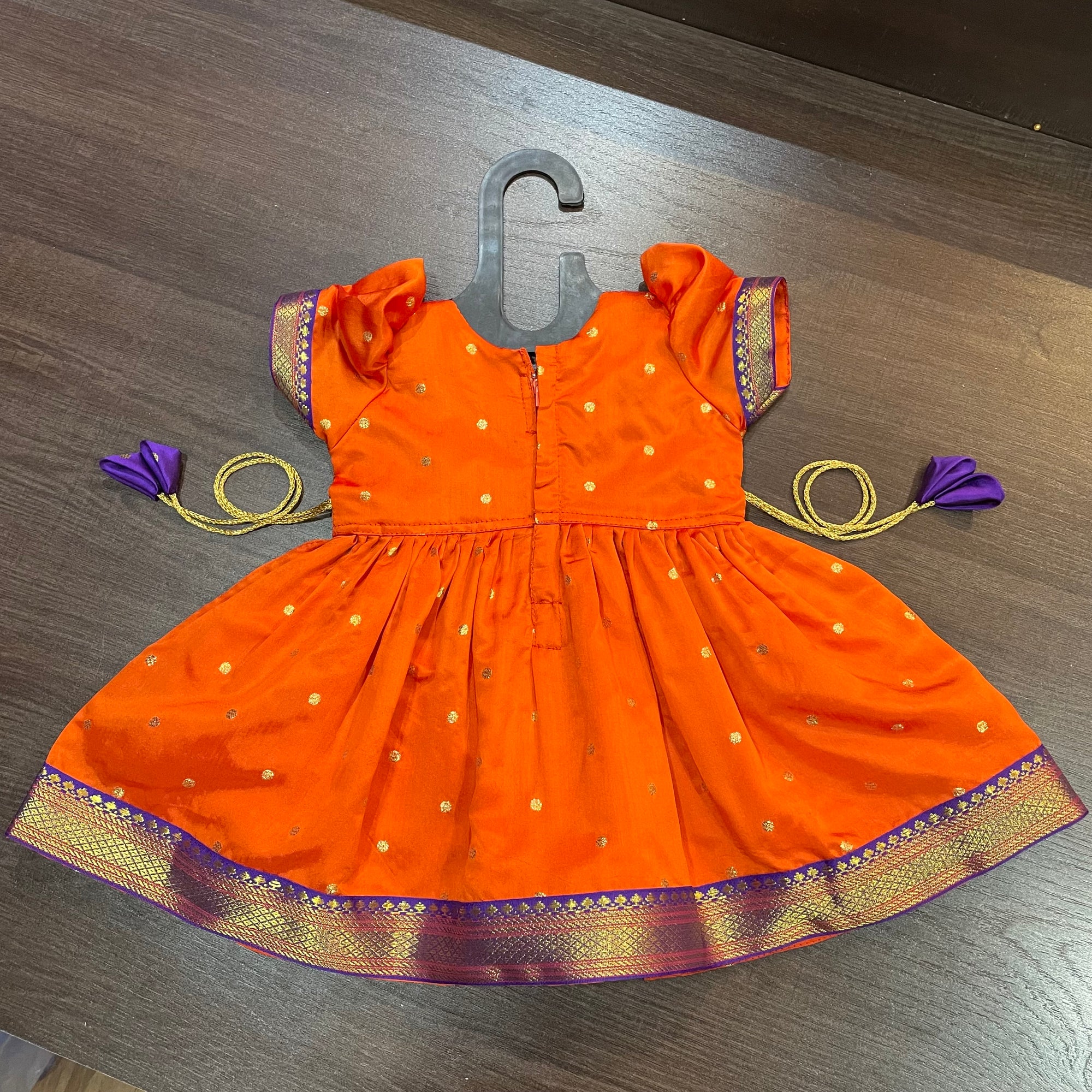 Orange Purple Yoke Puffed sleevs Silk Frock Dress