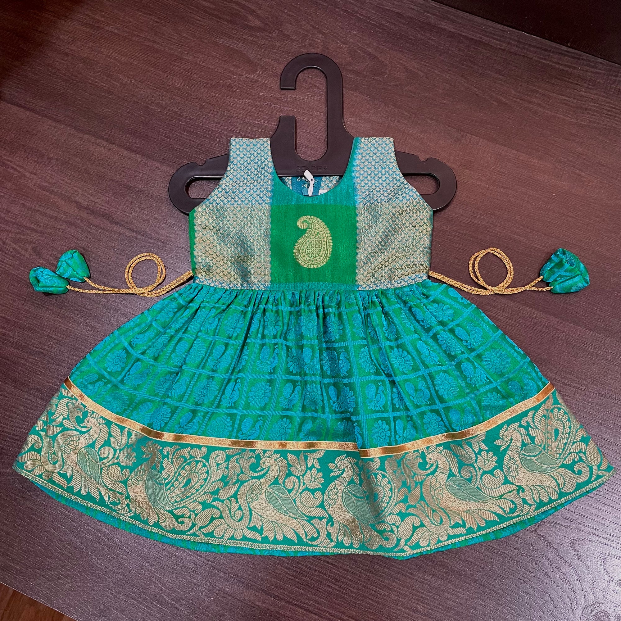 Morpankhi Green sleevless checks Peacock Silk Frock Dress