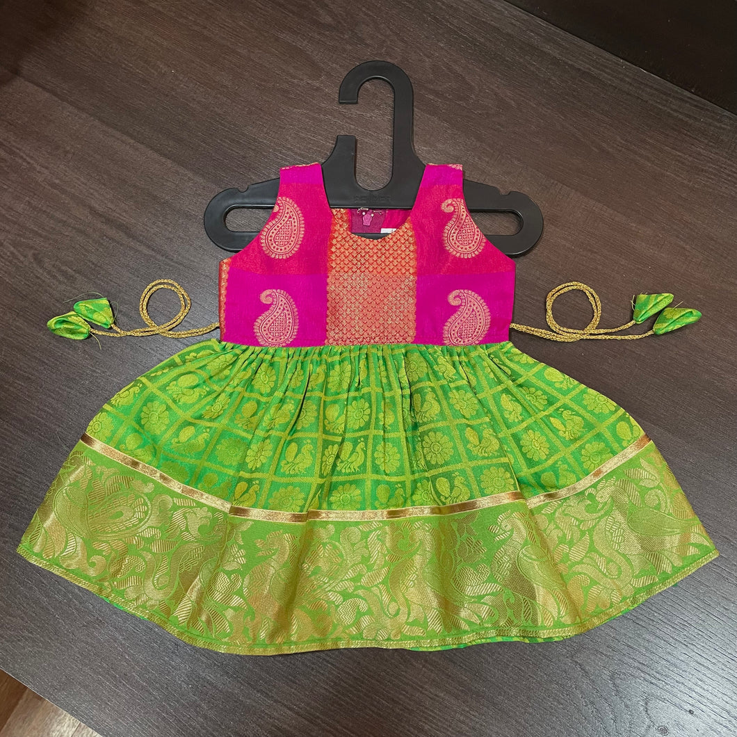Parrot Green Rani sleevless checks Peacock Silk Frock Dress