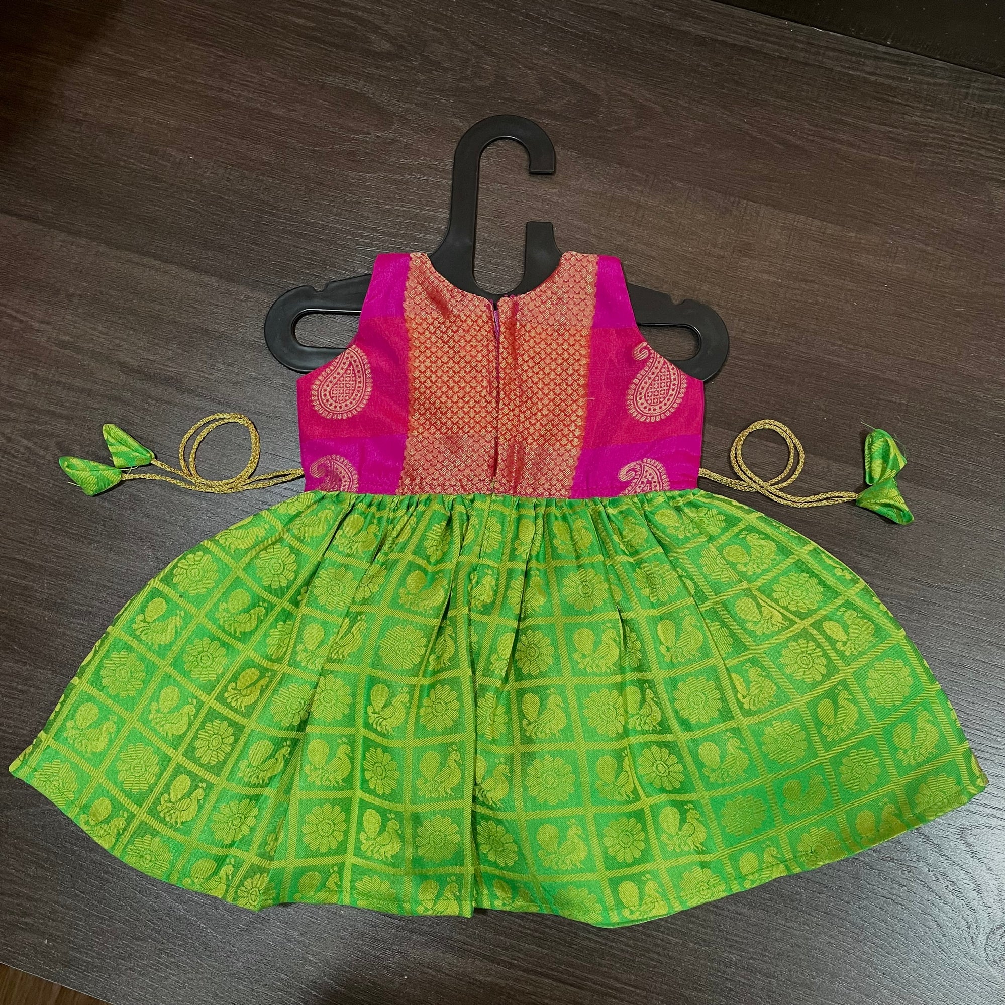 Parrot Green Rani sleevless checks Peacock Silk Frock Dress