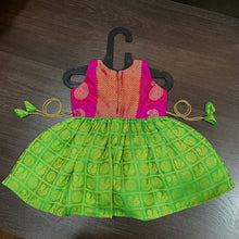 Load image into Gallery viewer, Parrot Green Rani sleevless checks Peacock Silk Frock Dress
