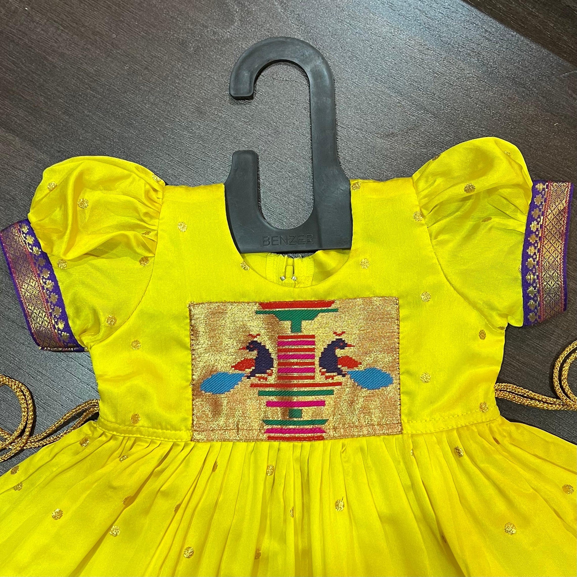 Yellow Silk Paithani Styled Peacock Patch Frock - MEEMORA FROCKS
