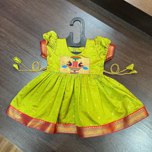 Load image into Gallery viewer, Lime Silk Paithani Styled Peacock Patch Frock - MEEMORA FROCKS
