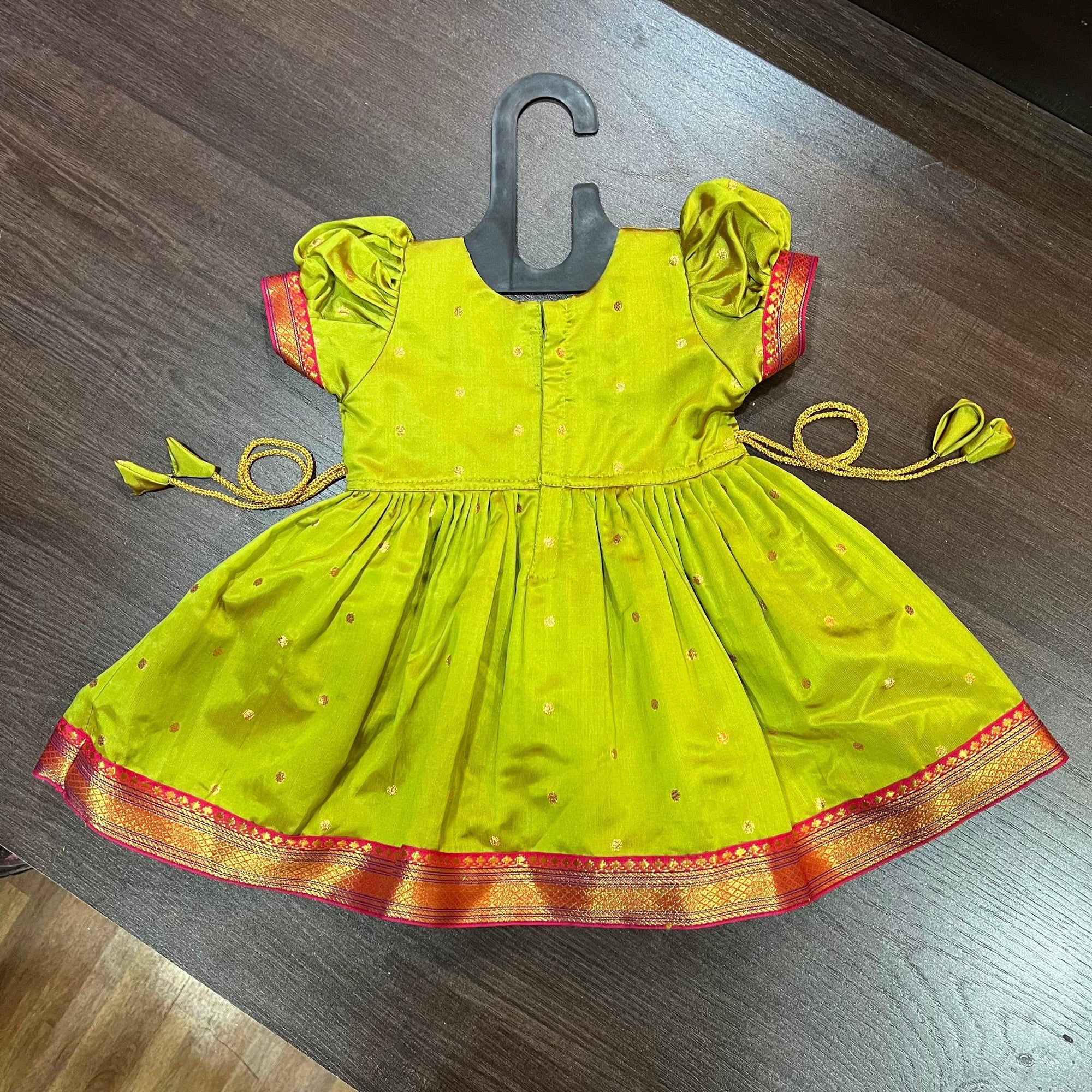 Lime Silk Paithani Styled Peacock Patch Frock - MEEMORA FROCKS