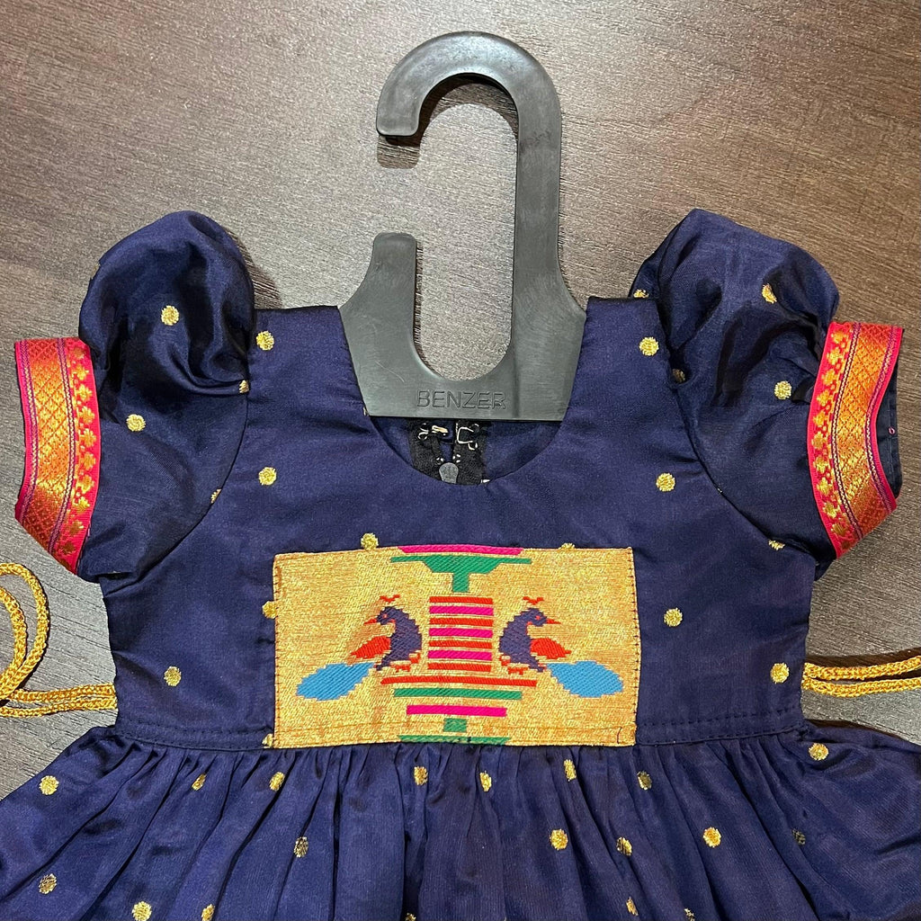 Navy Blue Silk Paithani Styled Peacock Patch Frock - MEEMORA FROCKS