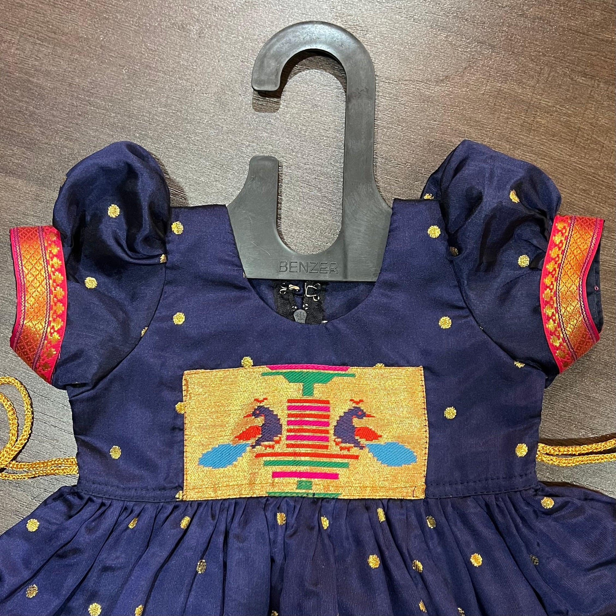 Navy Blue Silk Paithani Styled Peacock Patch Frock - MEEMORA FROCKS
