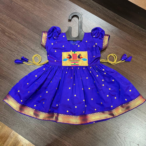 Indigo Silk Paithani Styled Peacock Patch Frock - MEEMORA FROCKS