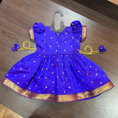 Indigo Silk Paithani Styled Peacock Patch Frock - MEEMORA FROCKS
