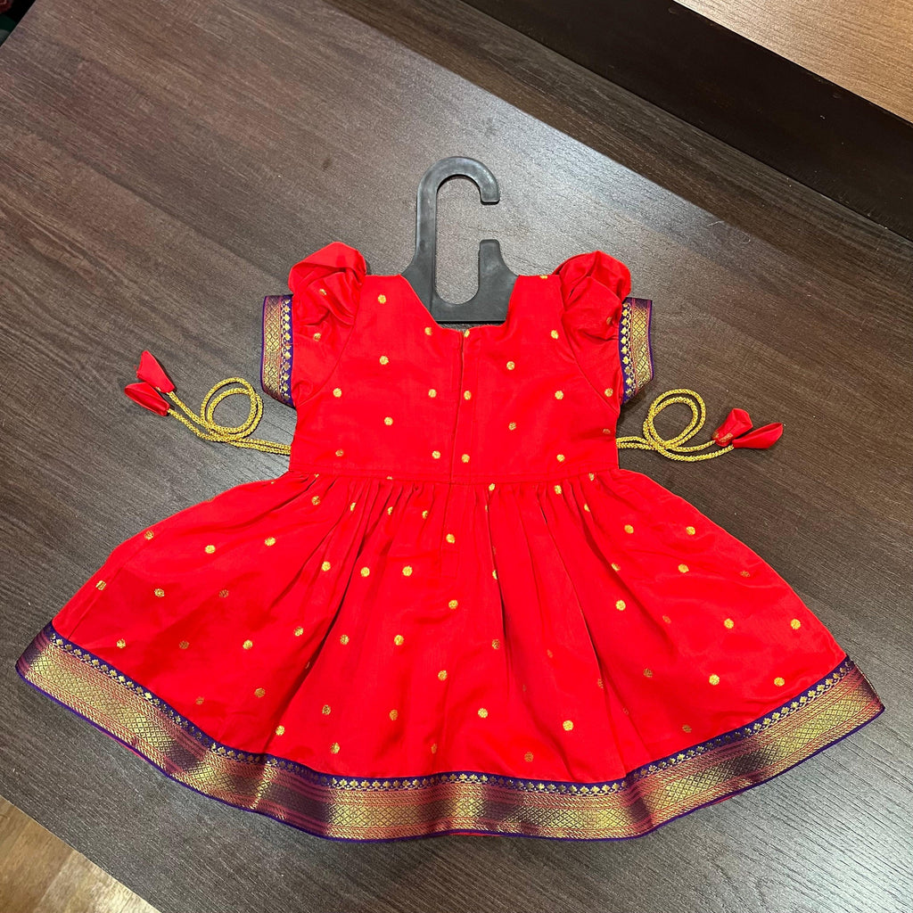 Bright Red Silk Paithani Styled Peacock Patch Frock - MEEMORA FROCKS