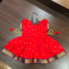 Load image into Gallery viewer, Bright Red Silk Paithani Styled Peacock Patch Frock - MEEMORA FROCKS
