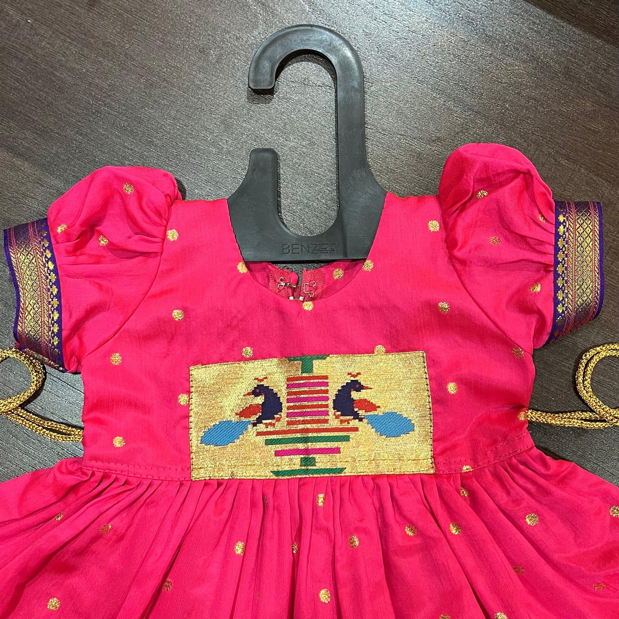 Neon Pink Silk Paithani Styled Peacock Patch Frock - MEEMORA FROCKS