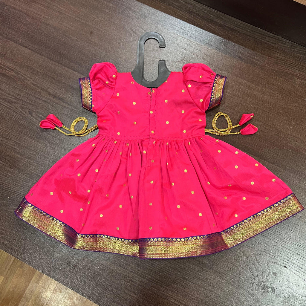 Neon Pink Silk Paithani Styled Peacock Patch Frock - MEEMORA FROCKS