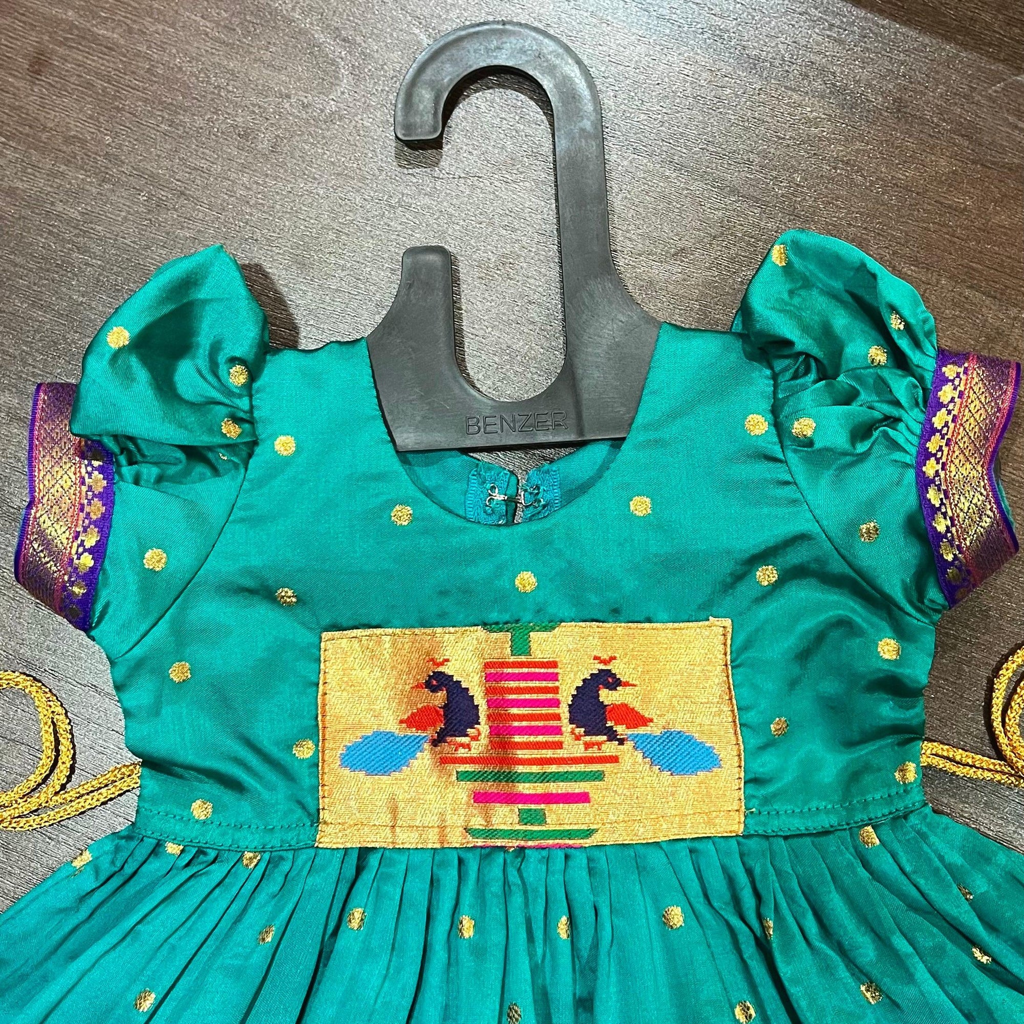 Sea Green Silk Paithani Styled Peacock Patch Frock - MEEMORA FROCKS