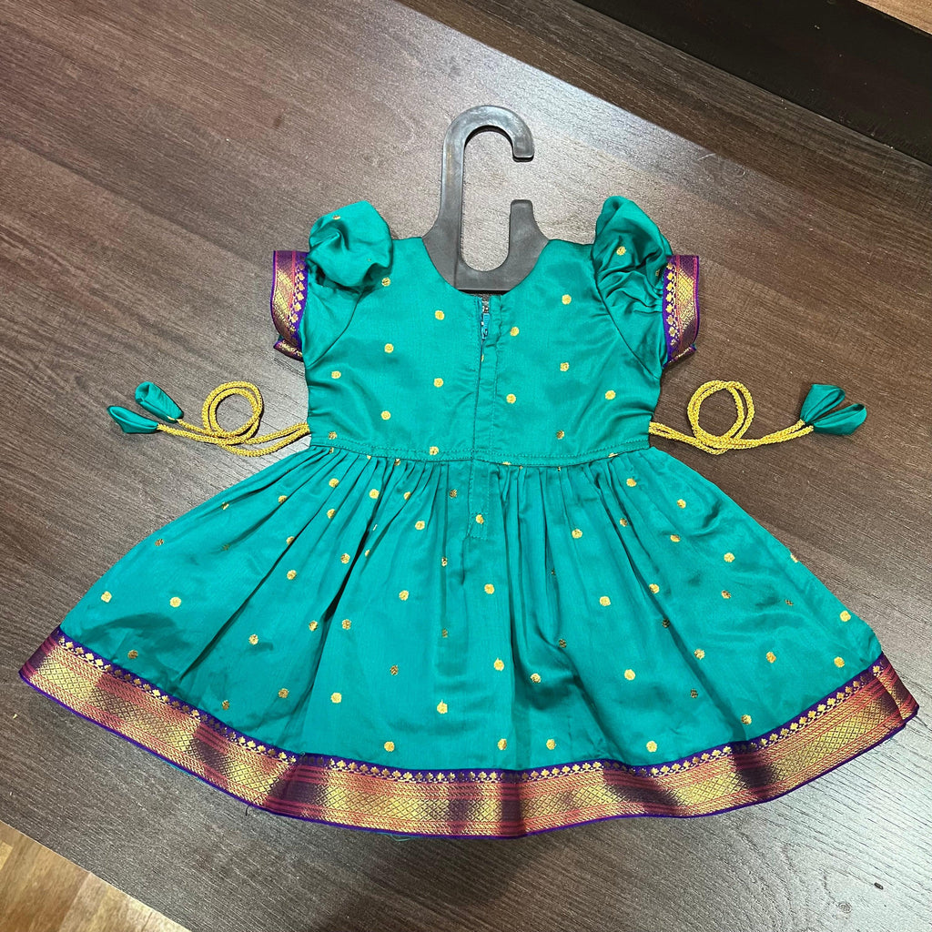 Sea Green Silk Paithani Styled Peacock Patch Frock - MEEMORA FROCKS