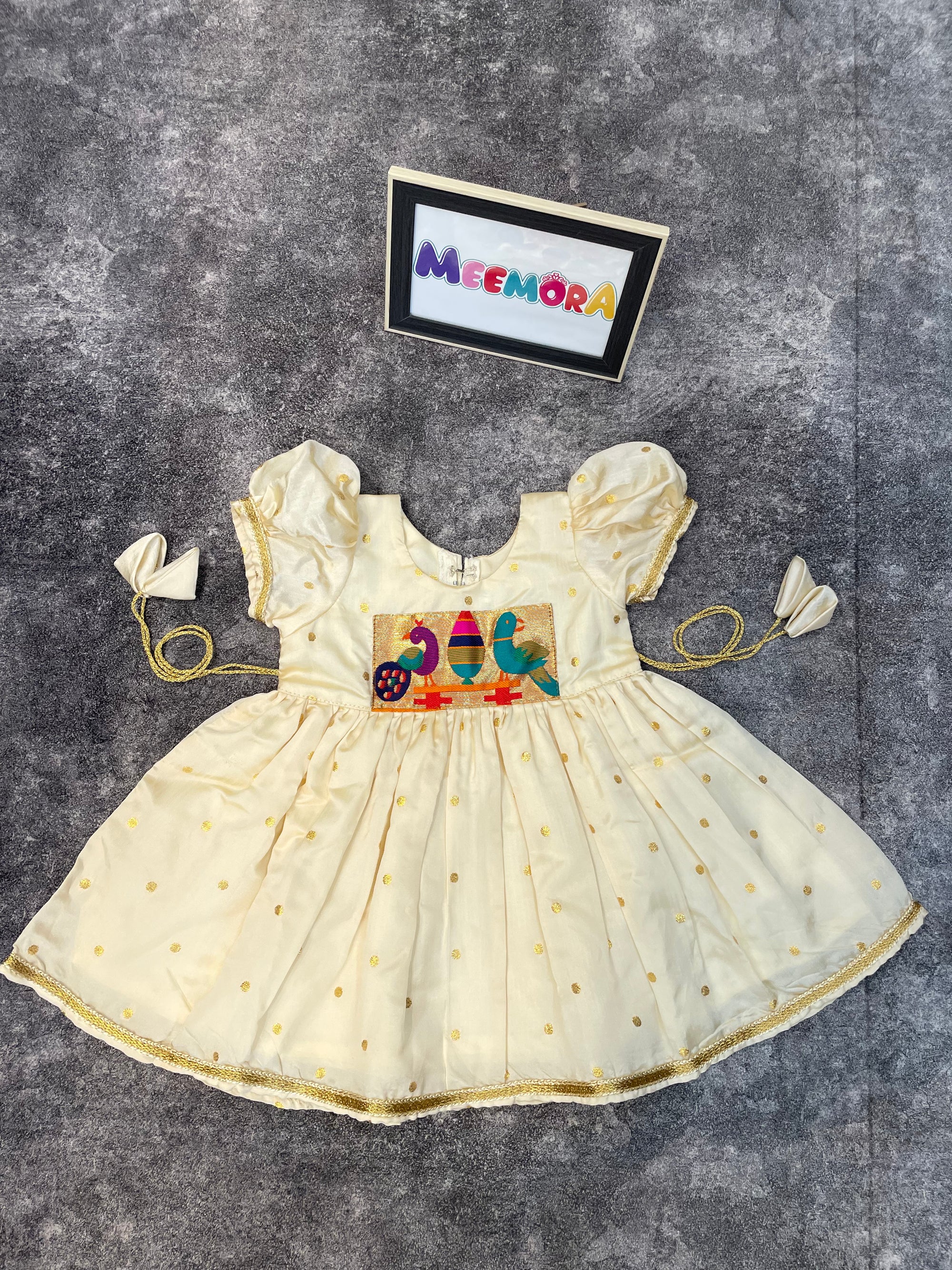 Cream Silk Paithani Styled Peacock Patch Frock