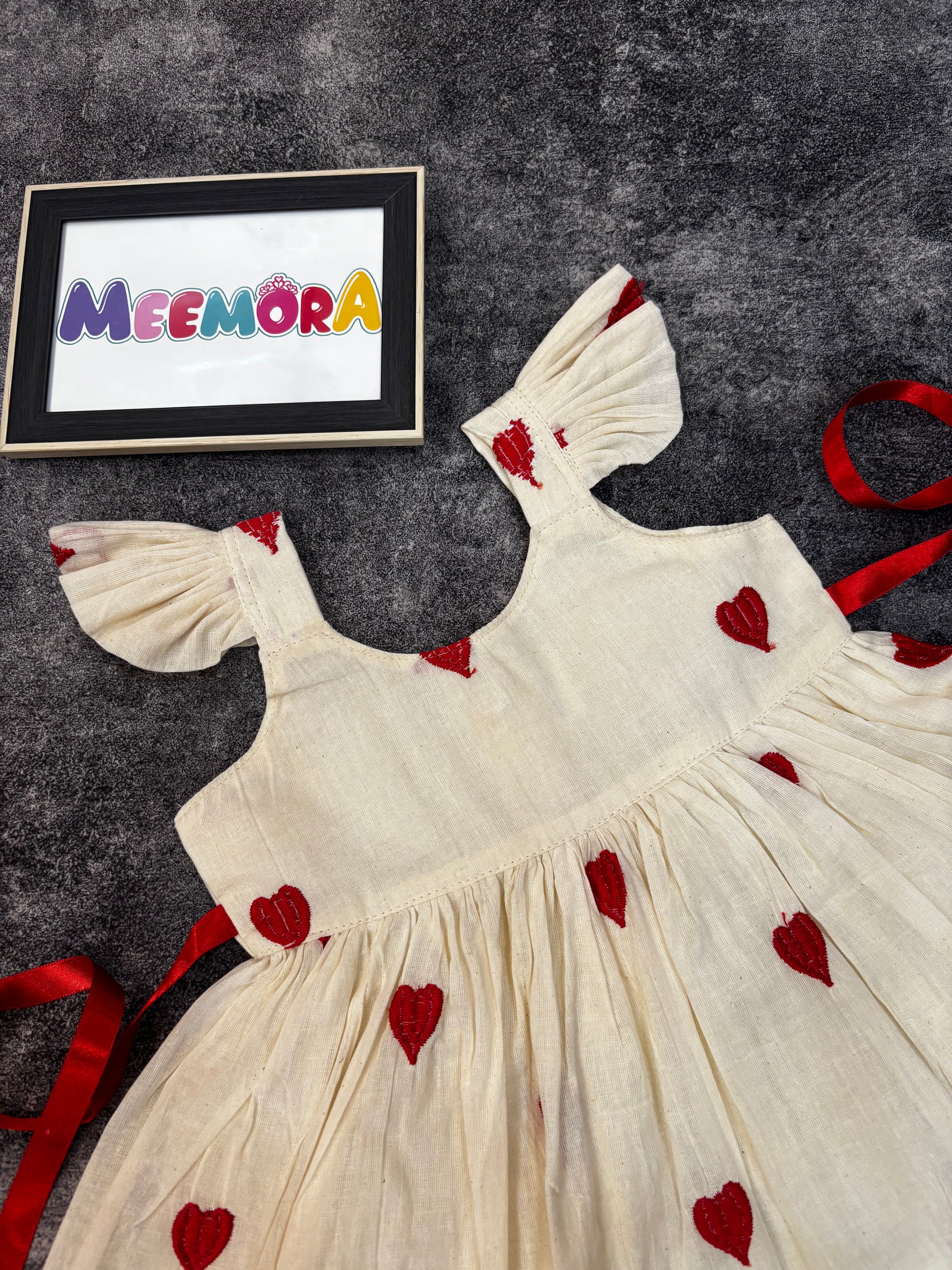 Red Heart Print Mul Cotton Frock Dress for Baby Girls