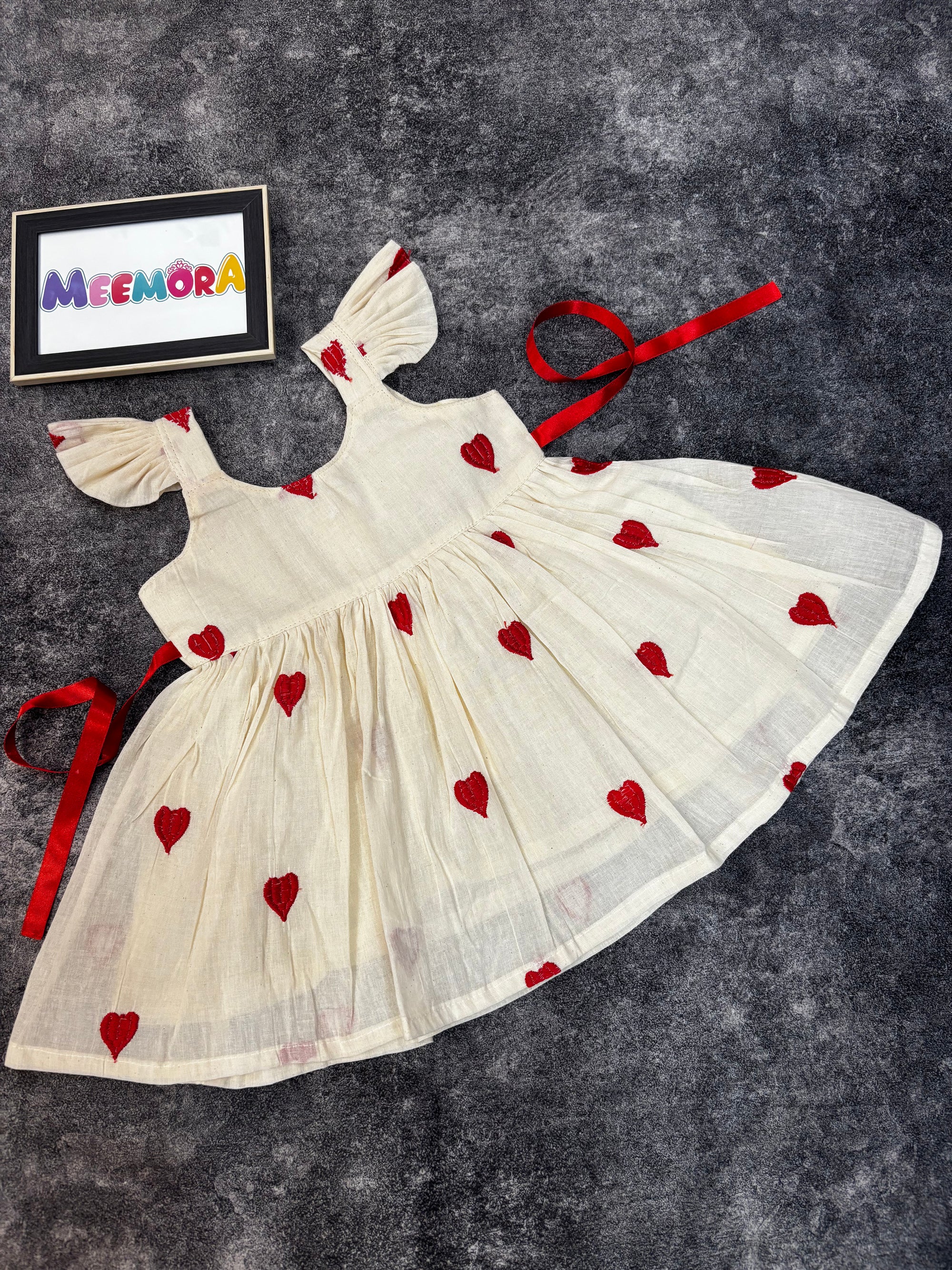 Red Heart Print Mul Cotton Frock Dress for Baby Girls