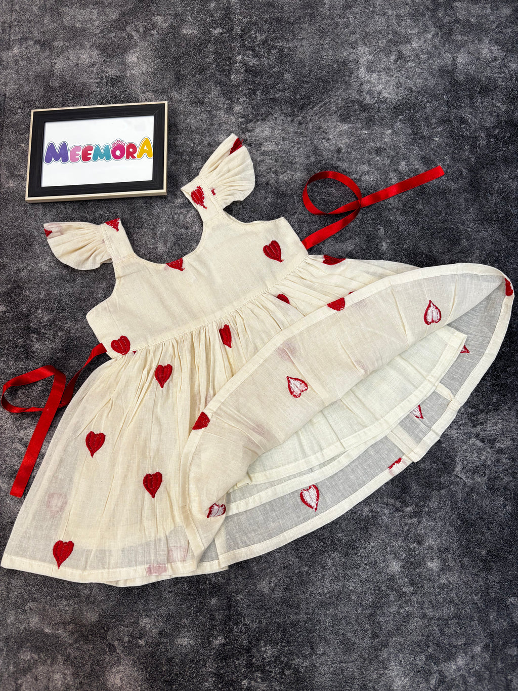 Red Heart Print Mul Cotton Frock Dress for Baby Girls