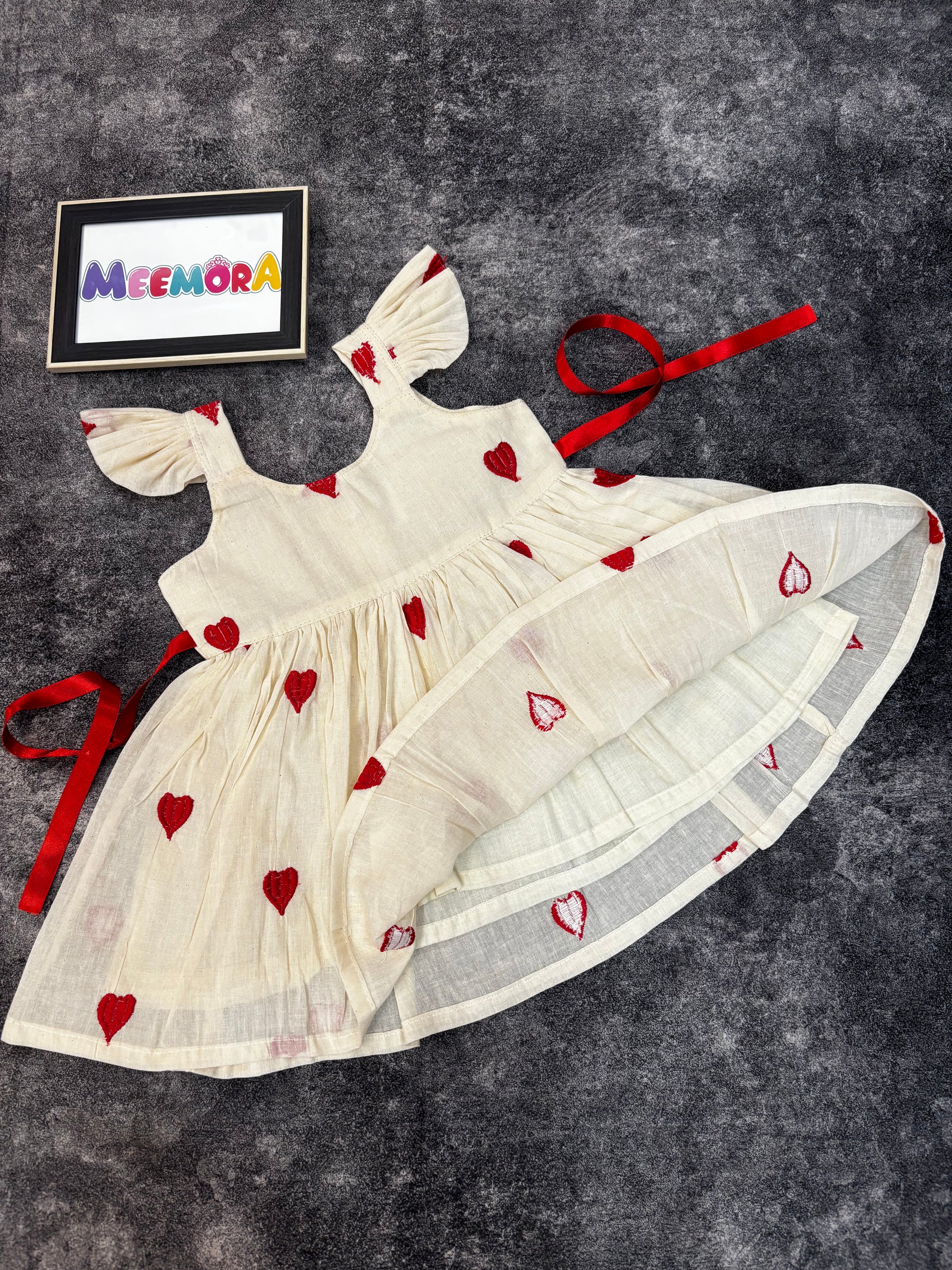 Red Heart Print Mul Cotton Frock Dress for Baby Girls