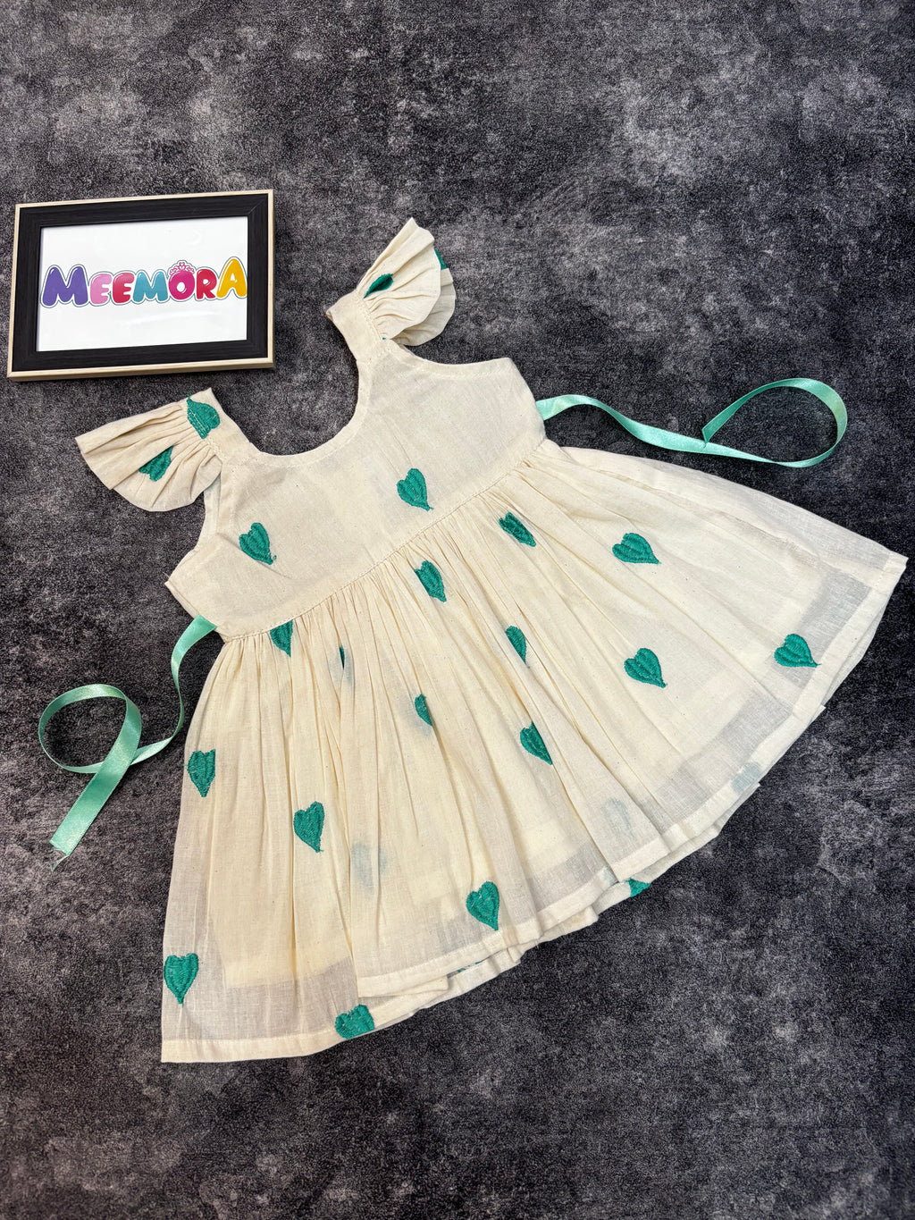 Sea Green Heart Print Mul Cotton Frock Dress for Baby Girls