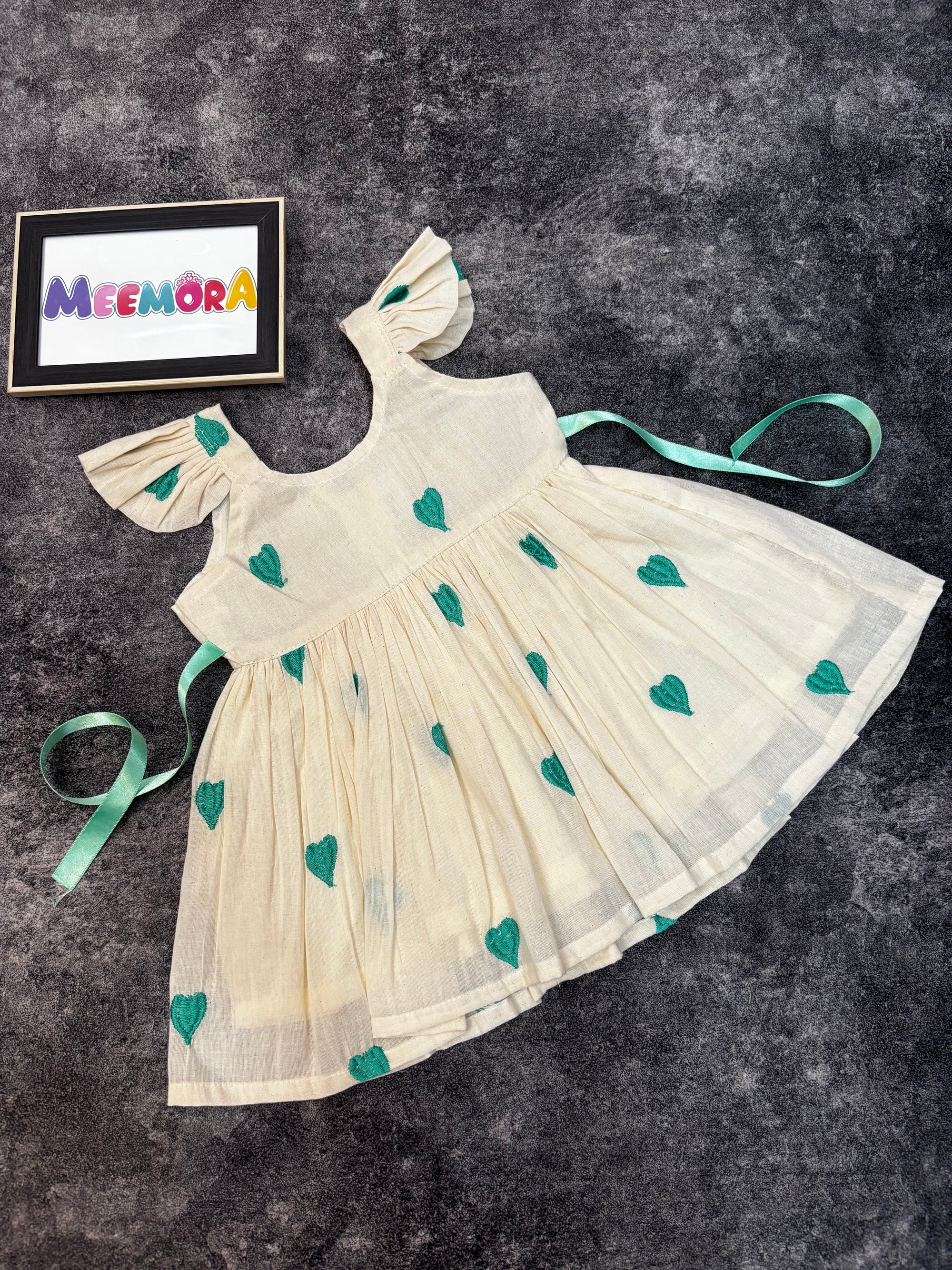 Sea Green Heart Print Mul Cotton Frock Dress for Baby Girls