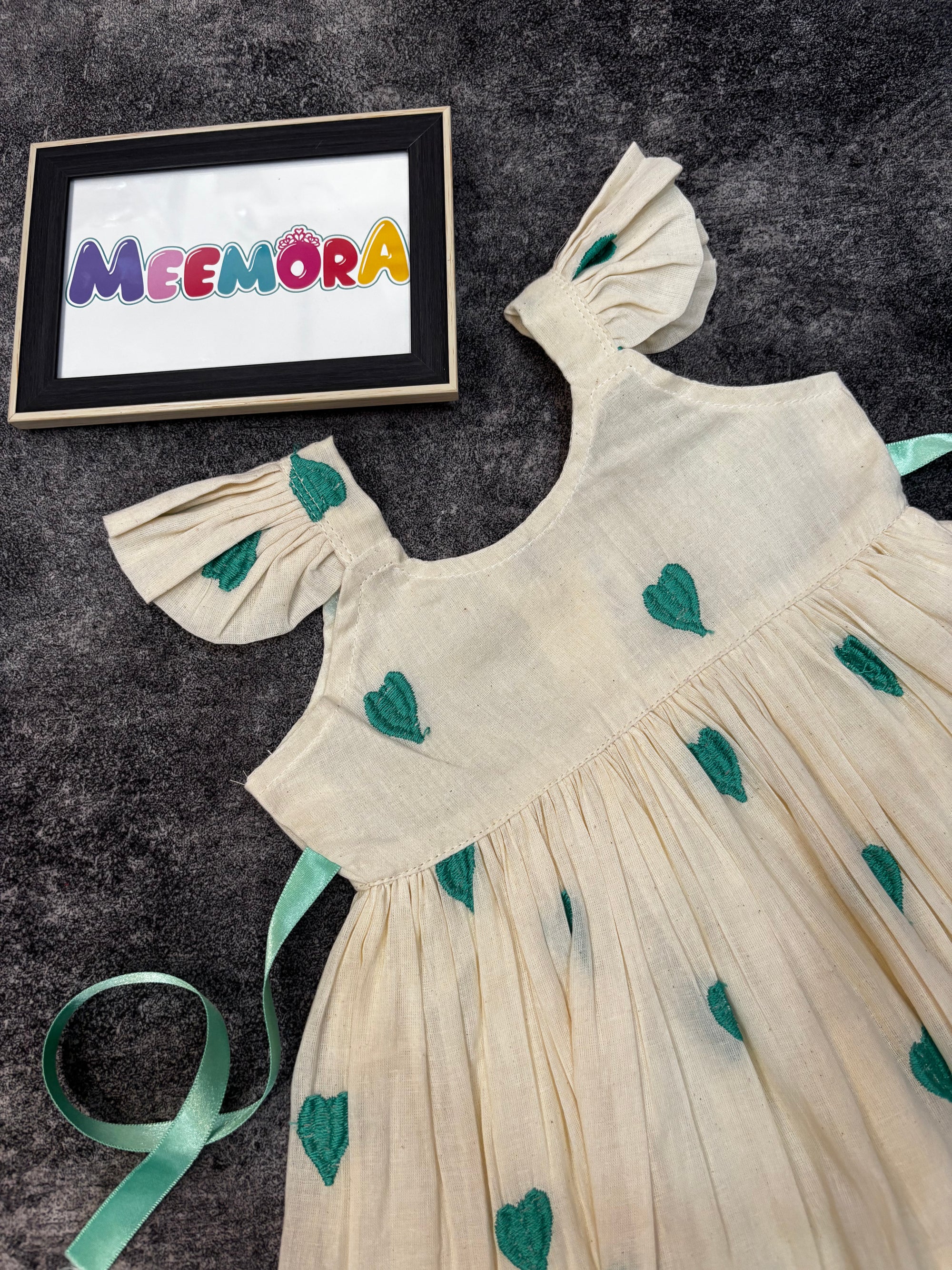 Sea Green Heart Print Mul Cotton Frock Dress for Baby Girls