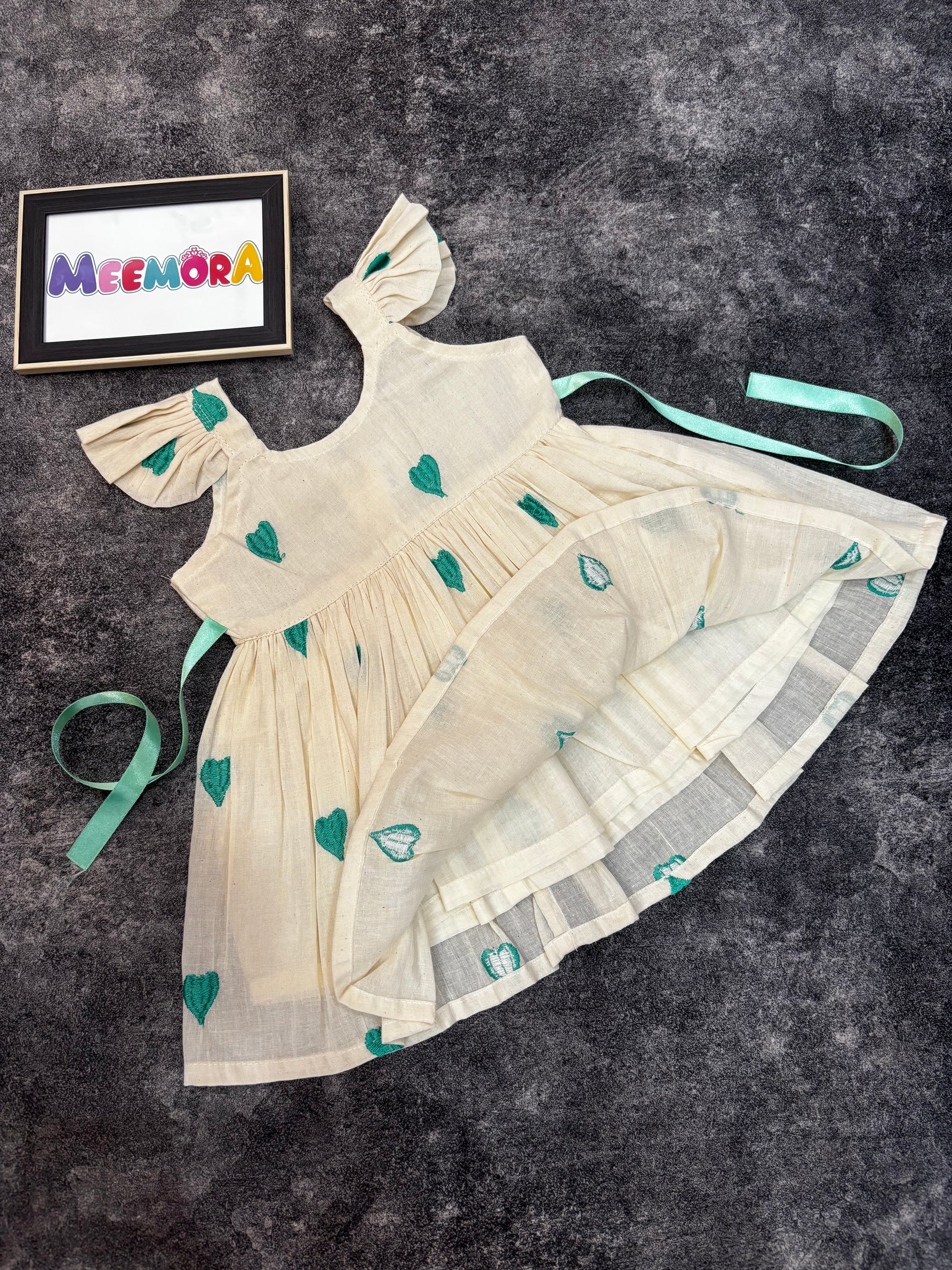 Sea Green Heart Print Mul Cotton Frock Dress for Baby Girls