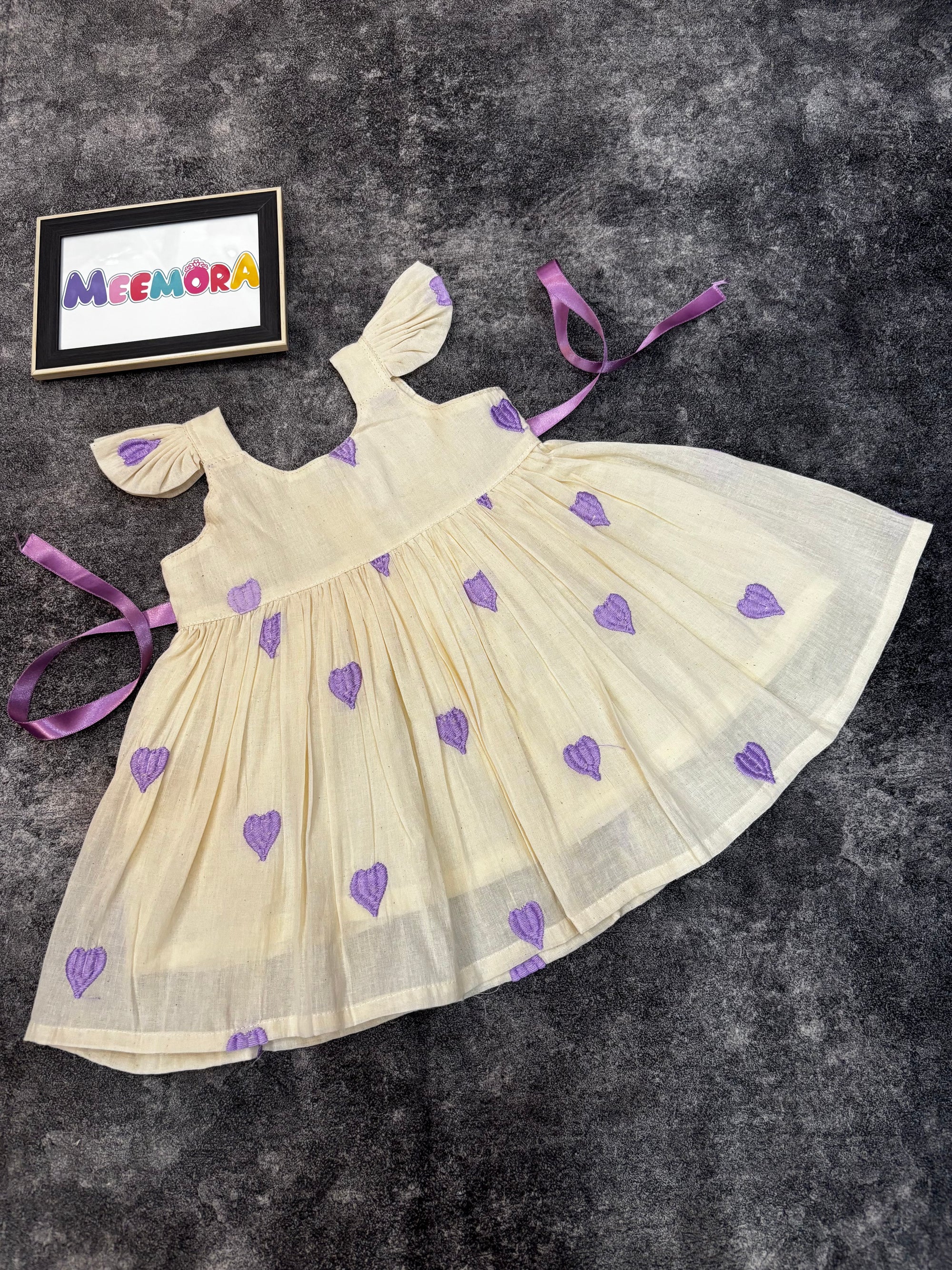 Lavender heart print mul cotton frock for baby girls - front view
