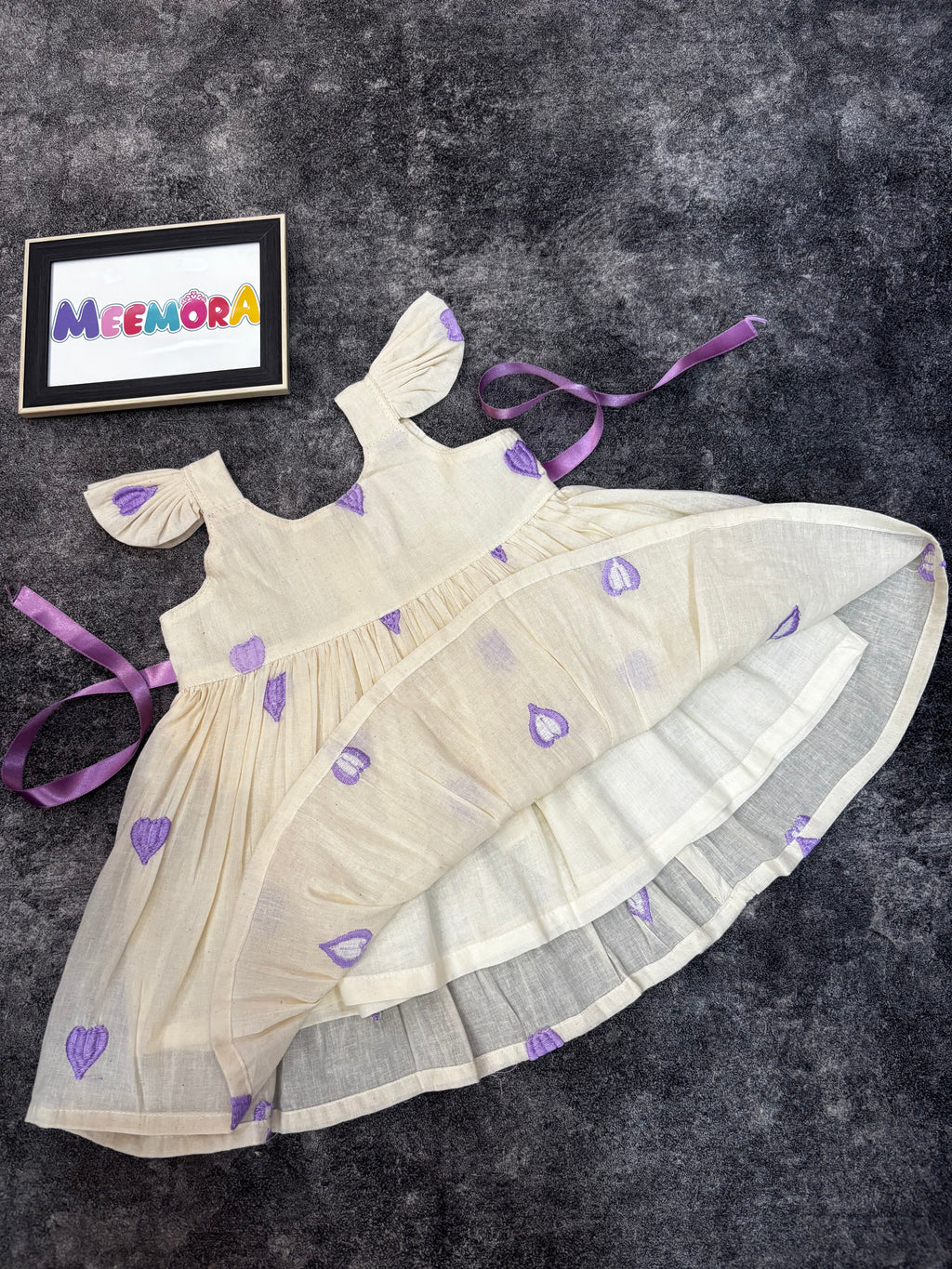 Lavender heart print mul cotton frock for baby girls - close up