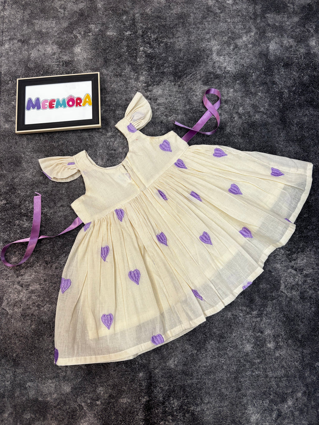 Lavender heart print mul cotton frock for baby girls - side detail