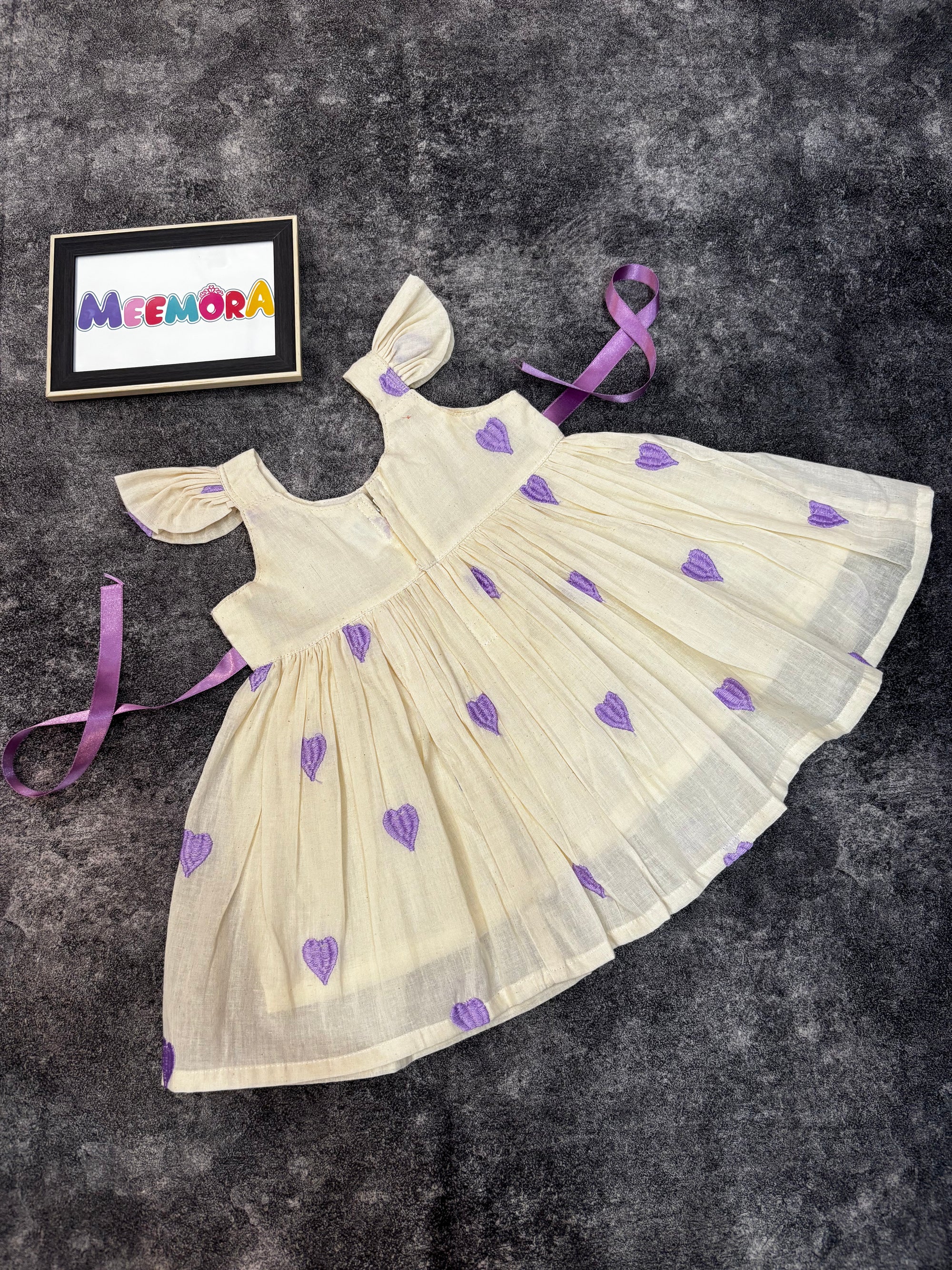 Lavender heart print mul cotton frock for baby girls - side detail