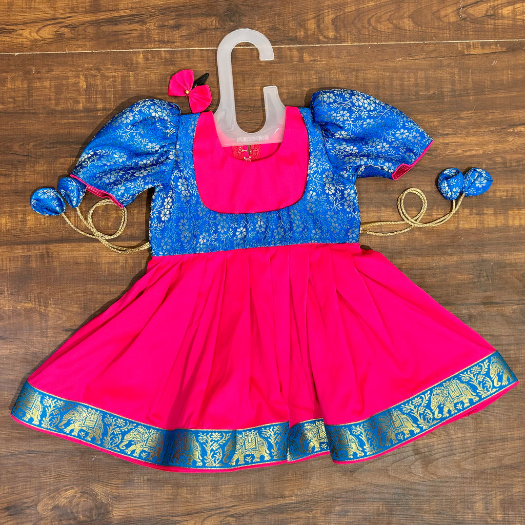 Neon Pink Royal Blue Silk Brocade Yoke Frock Dress