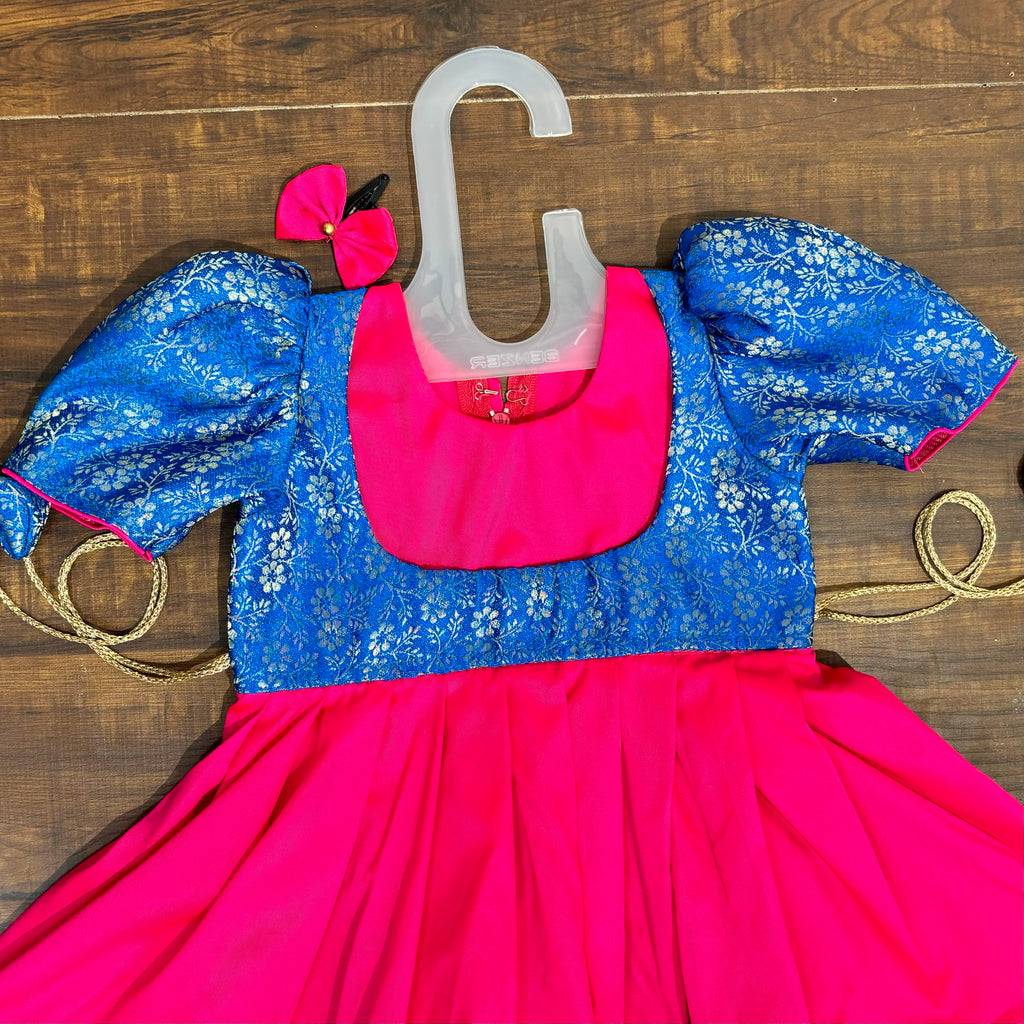 Neon Pink Royal Blue Silk Brocade Yoke Frock Dress